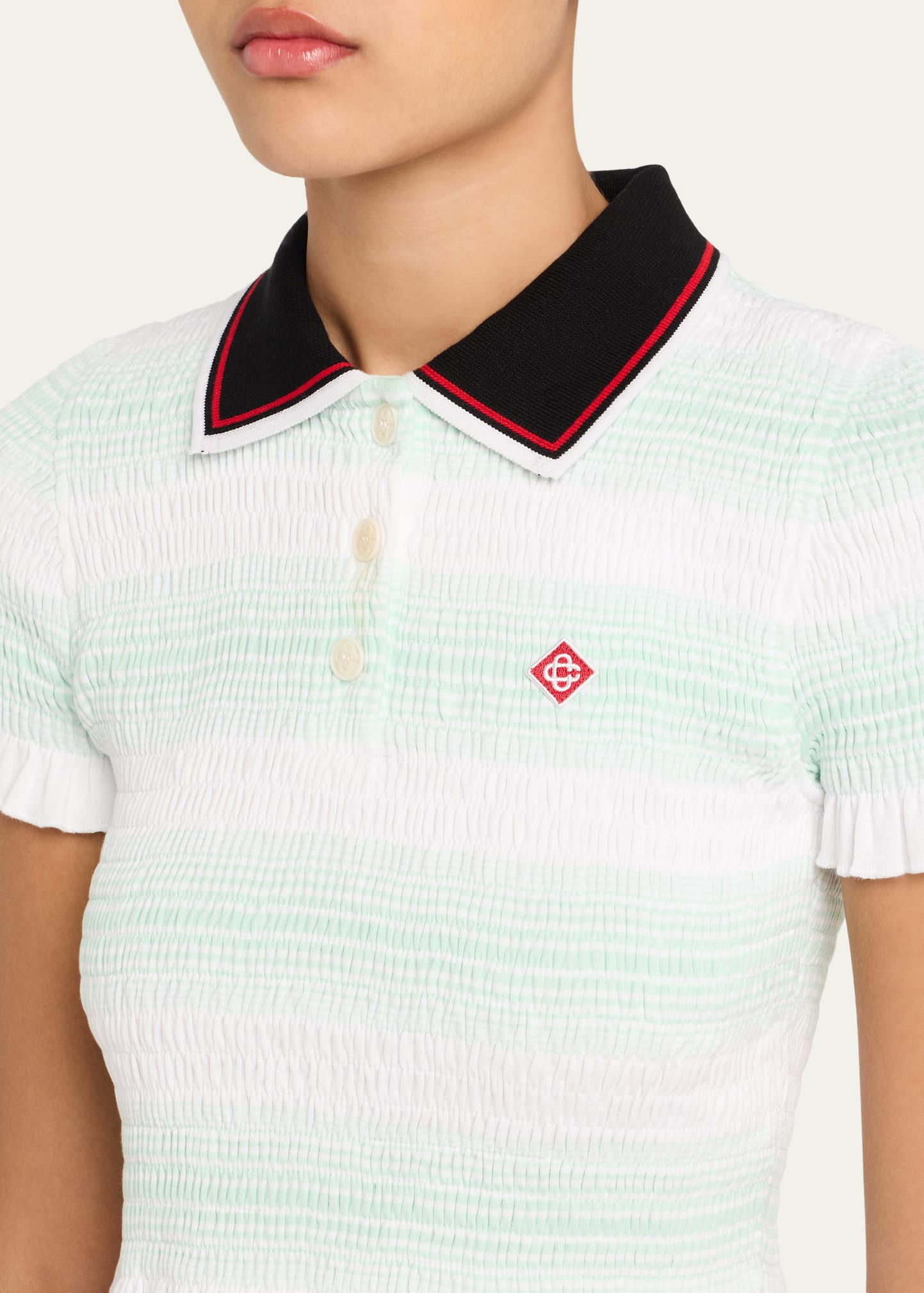 Stripe Shirred Crop Polo Shirt - 5