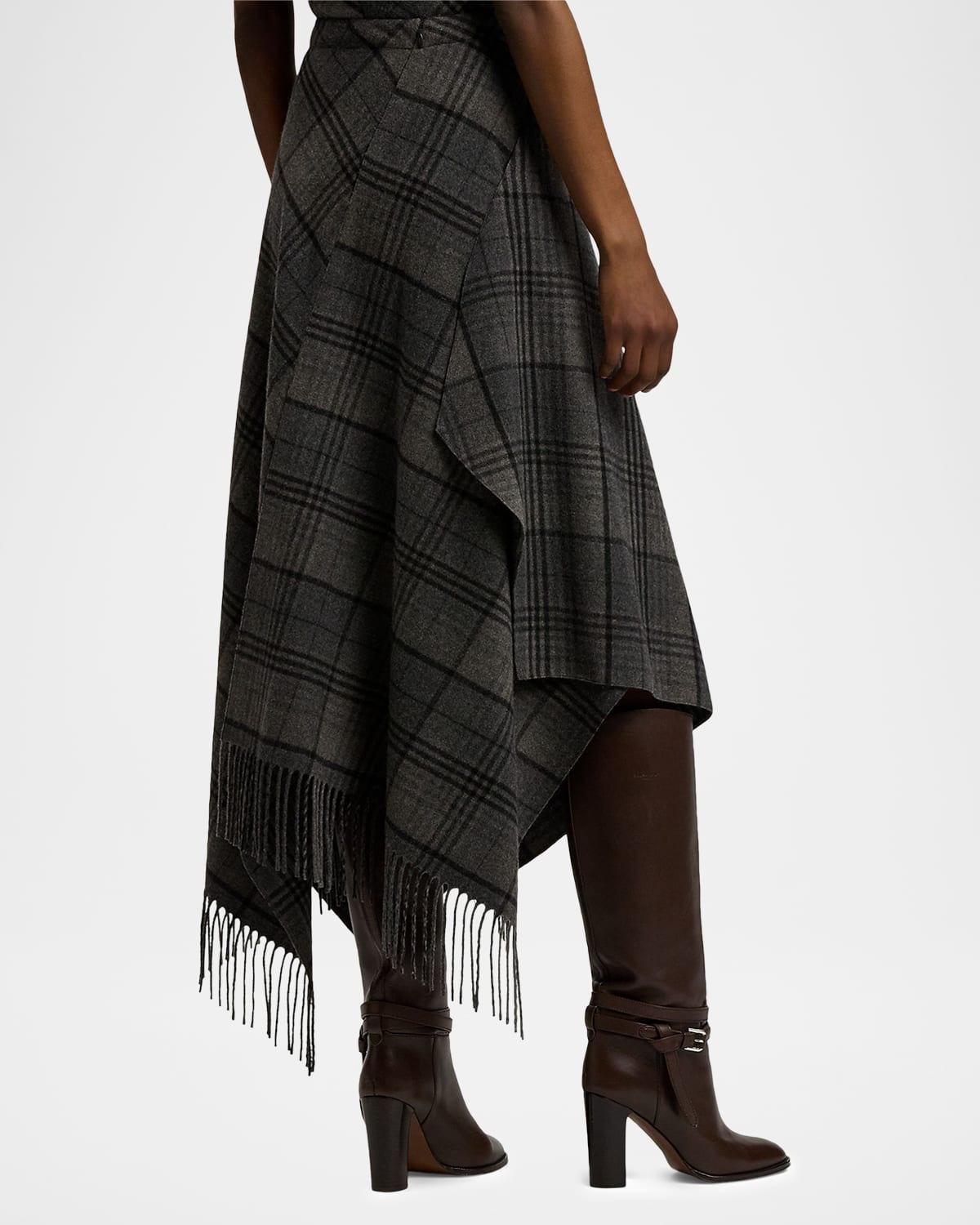 Fringed Plaid Wrap Midi Skirt - 3