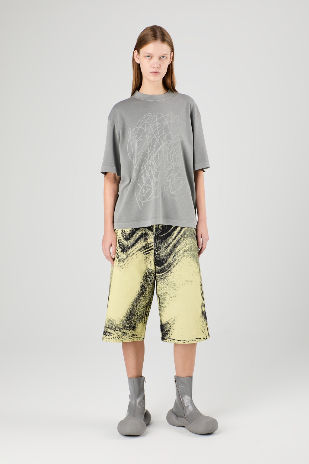 Yellow-Black Distorted Print Denim Shorts - 2