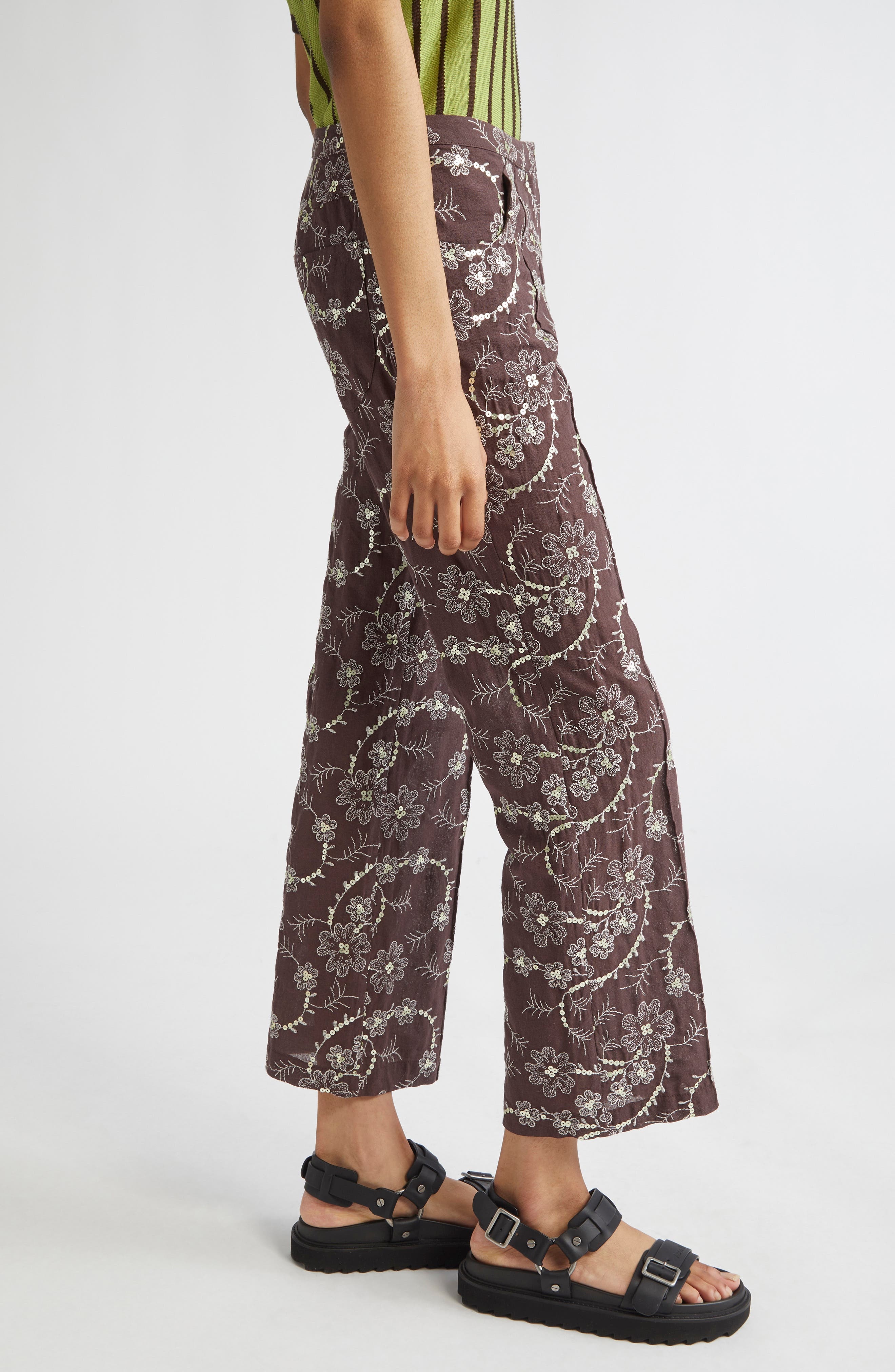 Siedrés Cera Floral Sequin Straight Leg Pants in Brown at Nordstrom - 4