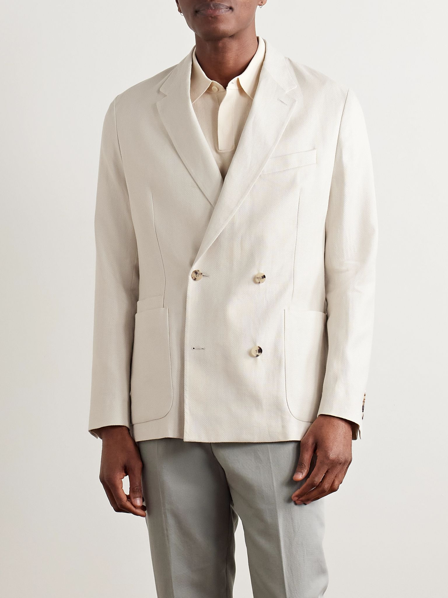 Double-Breasted Herringbone Linen and Cotton-Blend Blazer Beige - 3