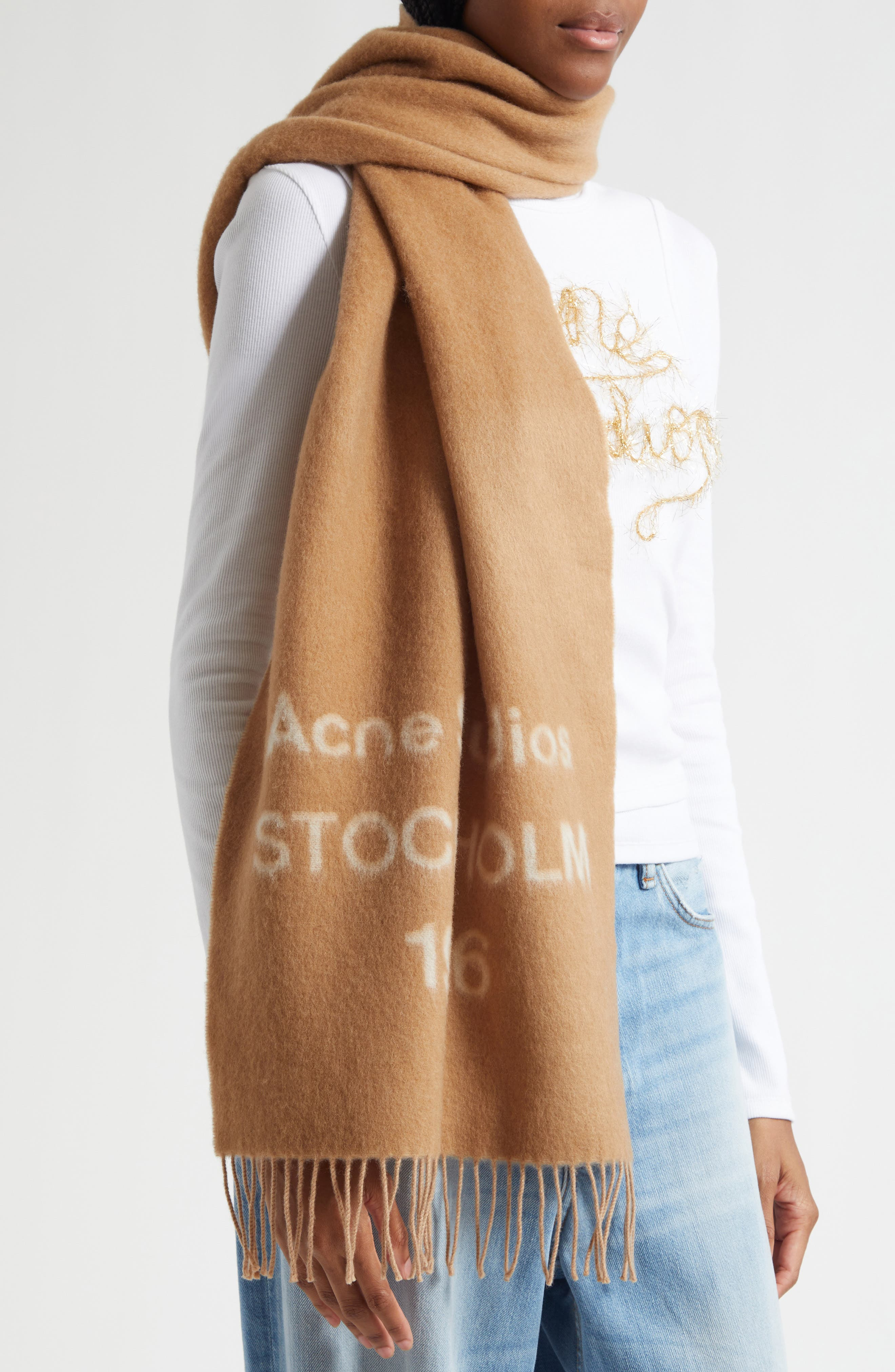 Acne Studios 1996 Logo Jacquard Double Face Wool Fringe Scarf in Camel/Ecru at Nordstrom - 2