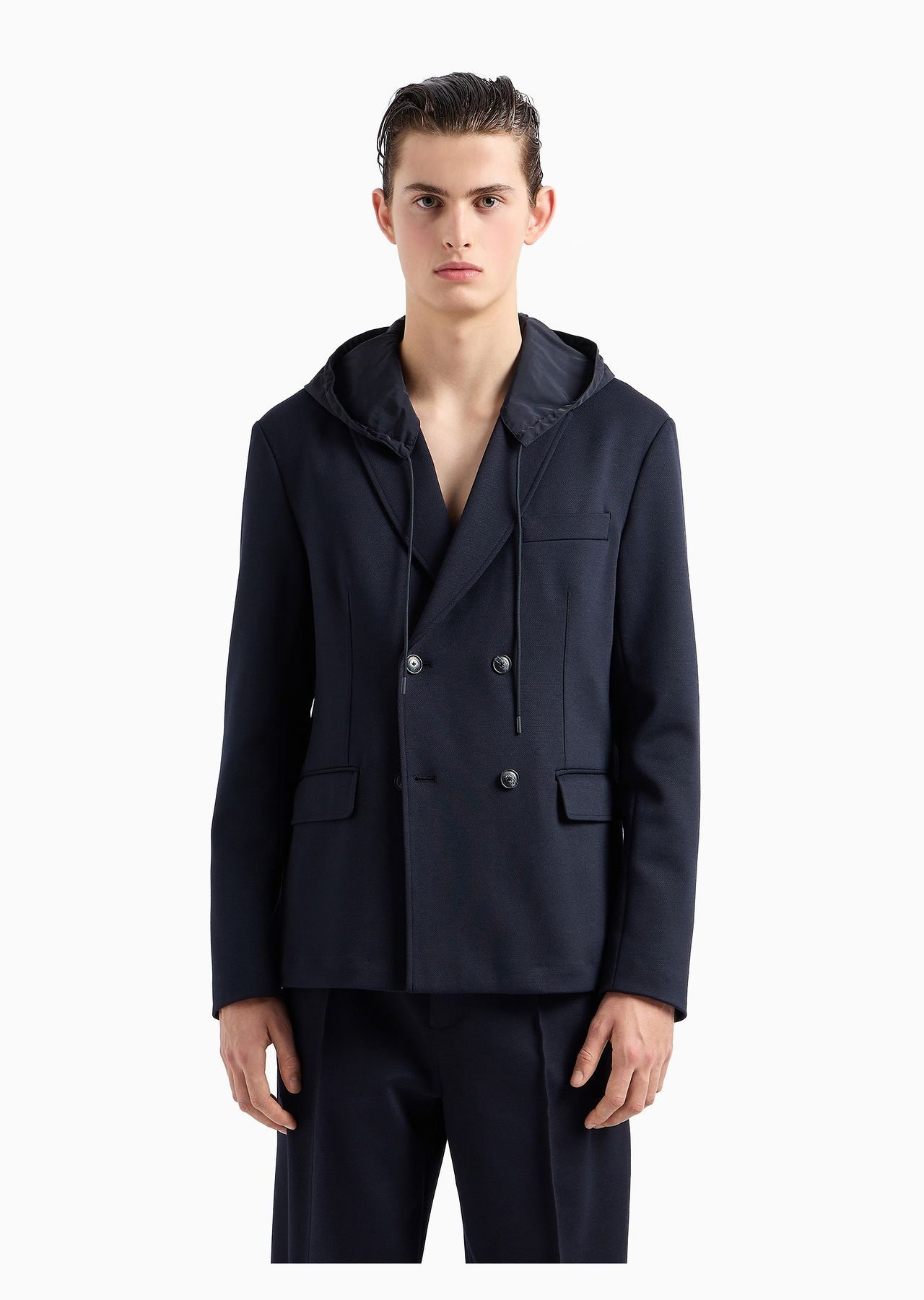 Double-breasted blazer in a soft wool-blend cloth with a nylon hood - 2