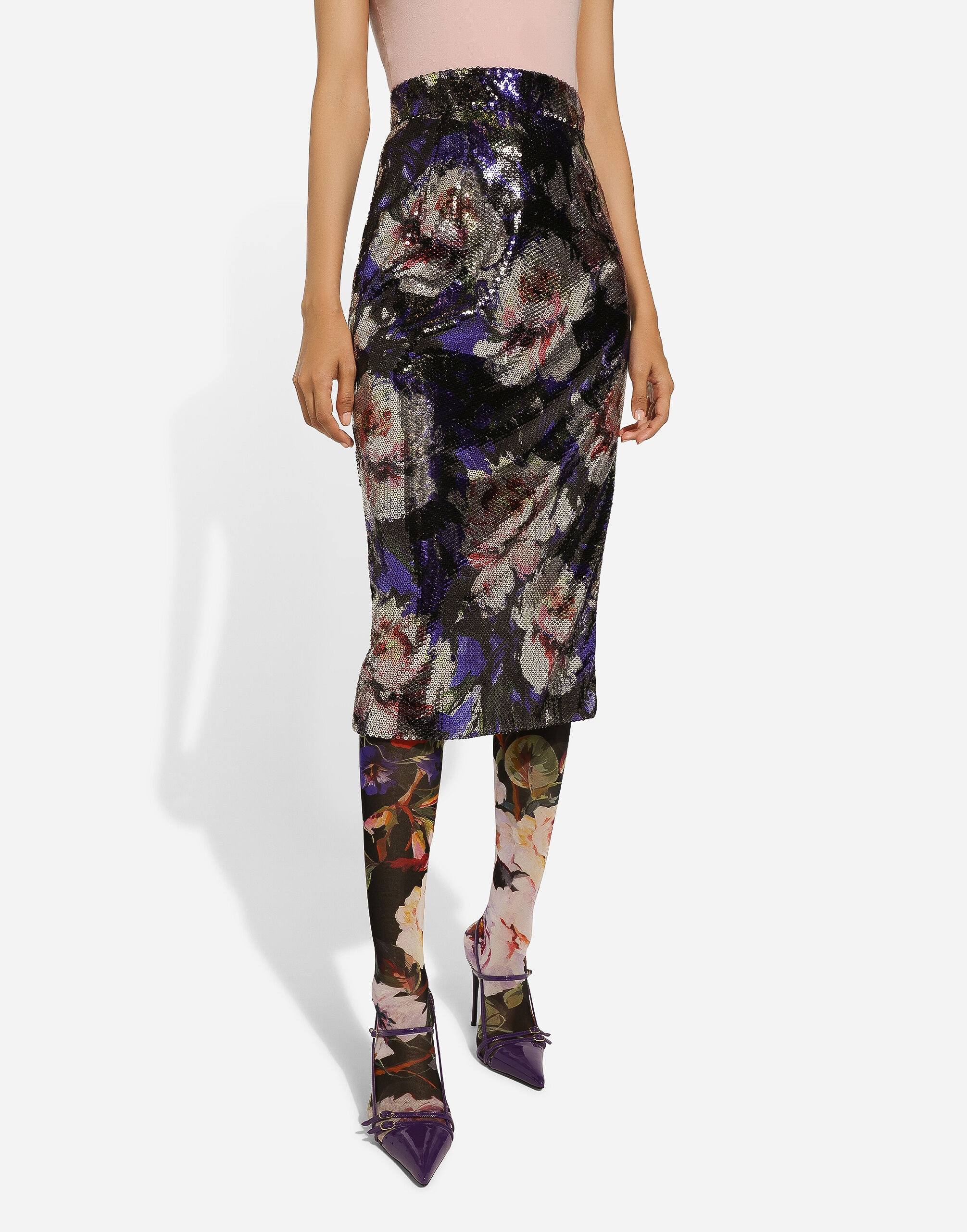Sequined midi skirt with peony print - 4