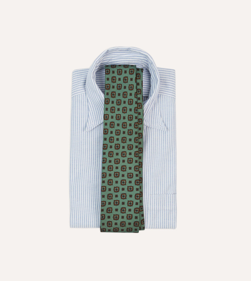 Drake's Green Flower Medallion Print Silk Self Tipped Tie outlook