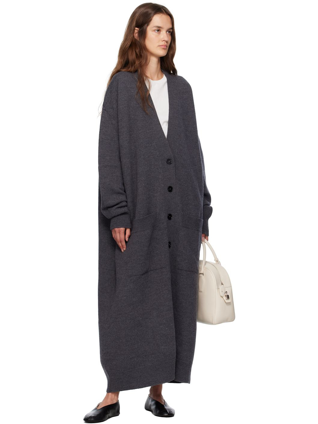 Gray Long V-Neck Knitted Caridgan - 4