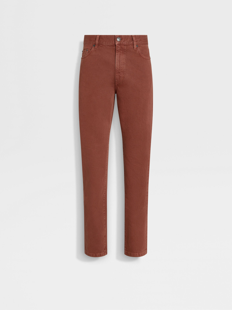 BRICK RED STONE-WASHED COTTON ROCCIA JEANS 1