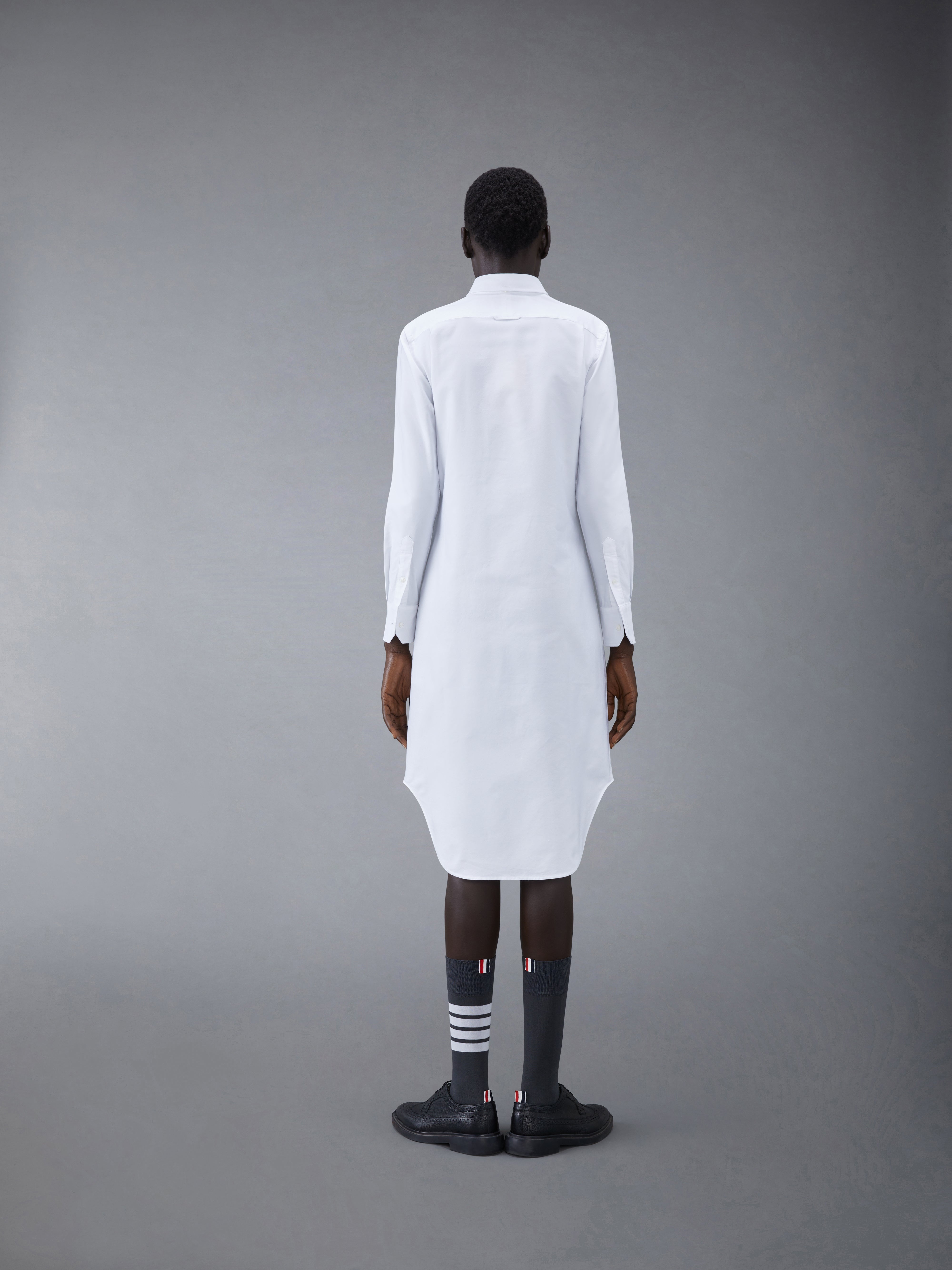 White Classic Oxford Long-sleeve Button Down Knee Length Shirtdress - 3