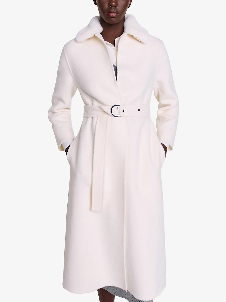 Detachable-collar belted-waist wool-blend coat - 6