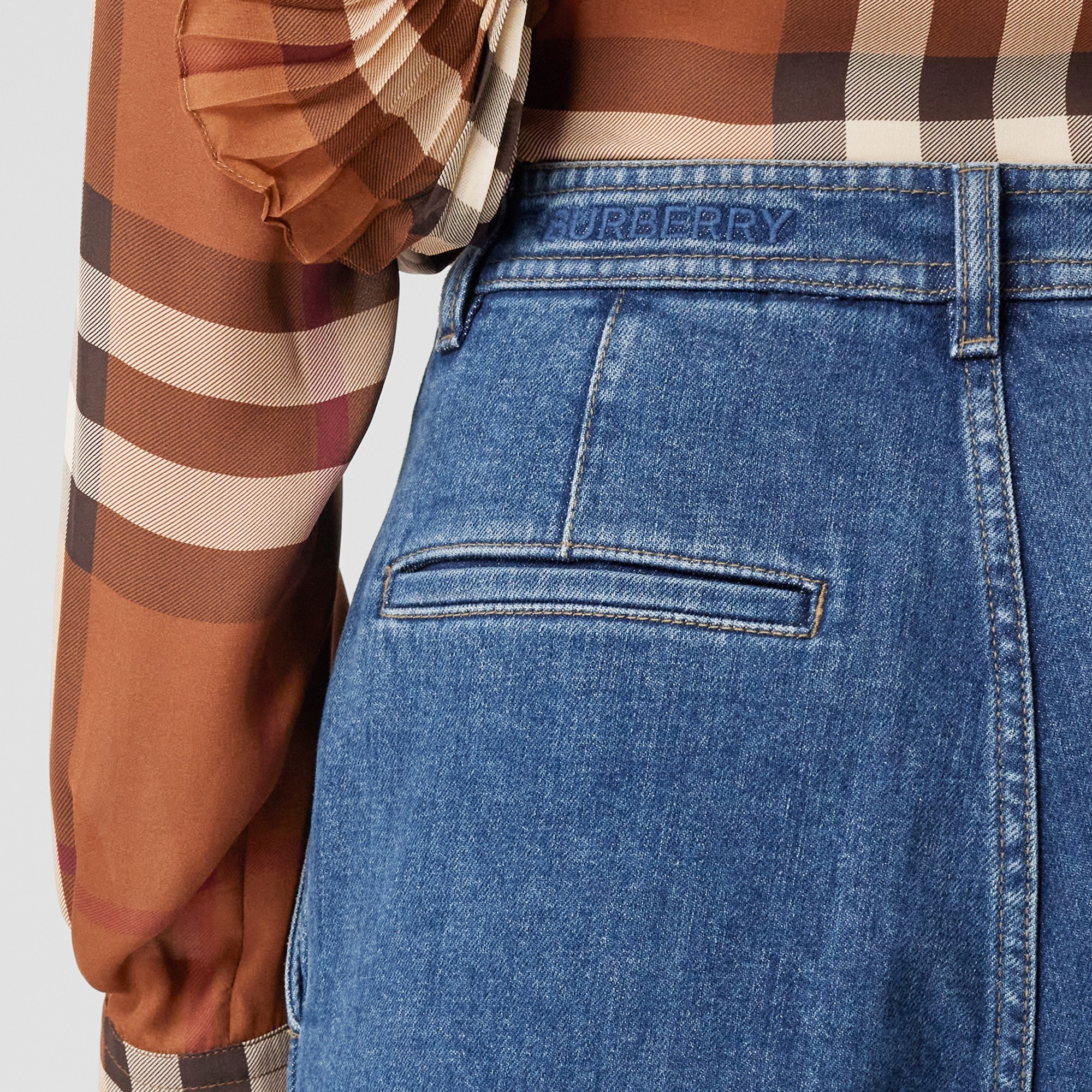 Check Wool Panel Stonewashed Denim Jeans - 5