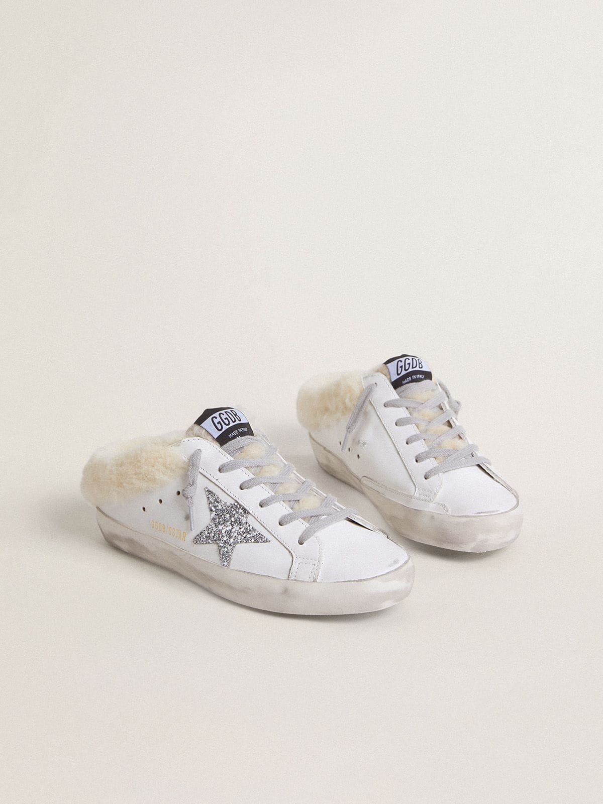 Super-Star Sabots in white leather with shearling lining and silver star - 2