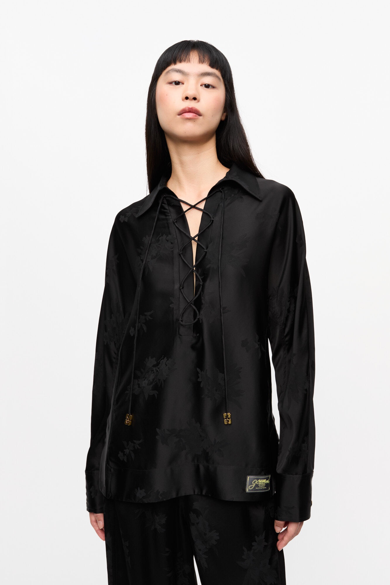 BLACK SATIN JACQUARD TIE STRING SHIRT - 2