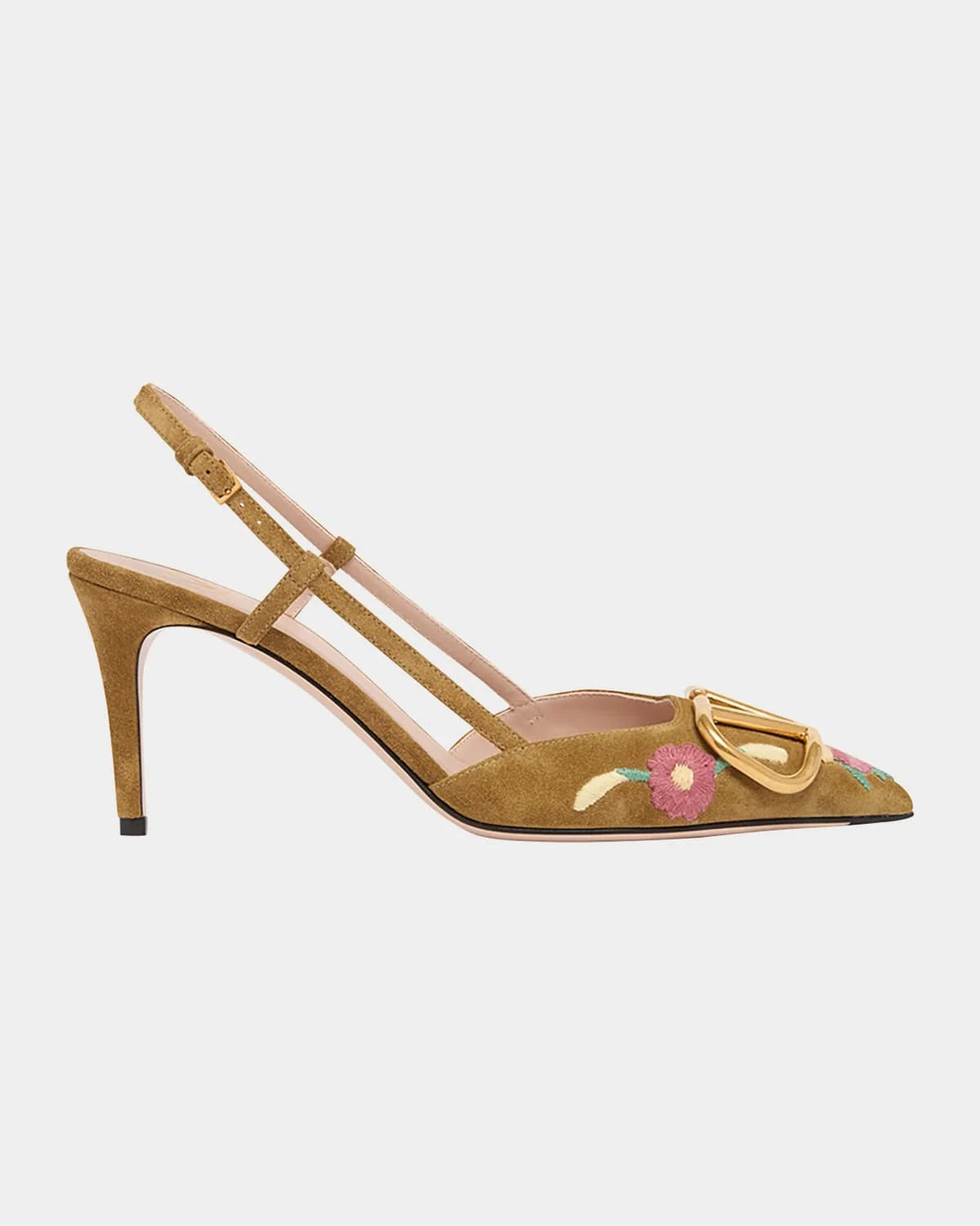 VLogo Signature Flower-Embroidered Suede Slingback Pumps - 1