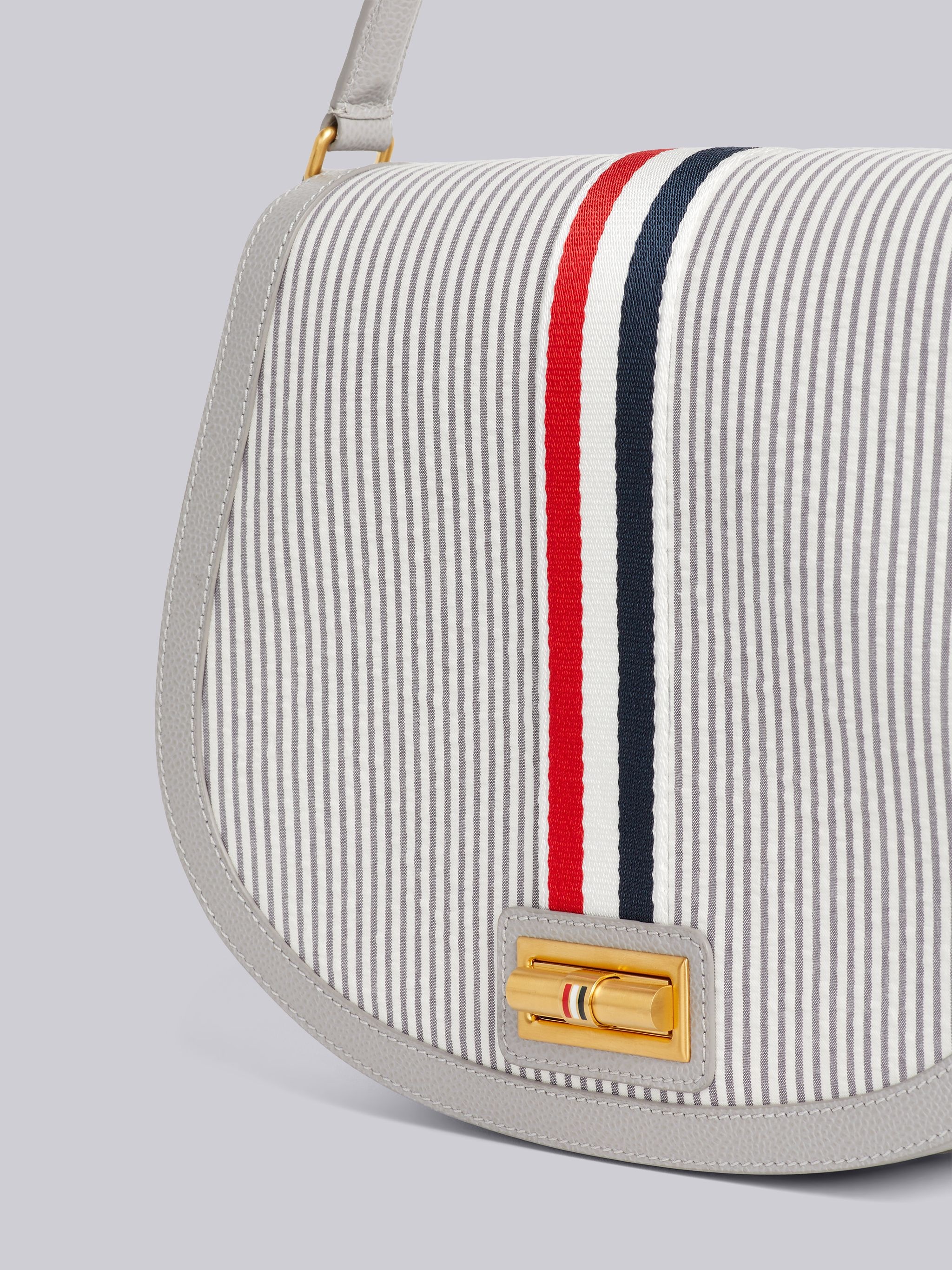 Medium Grey Stripe Seersucker Webbing Strap Enamel Lock Large Saddle Shoulder Bag - 2