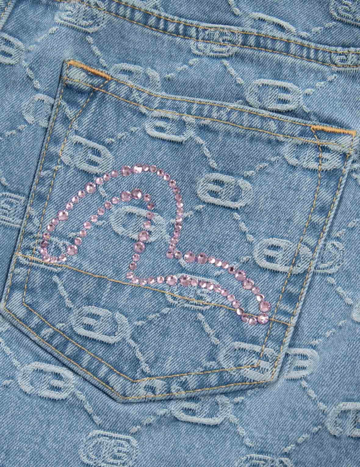 ALLOVER LOGO WITH PINK DIAMOND-IRONING SEAGULL LOOSE FIT DENIM SHORTS - 11