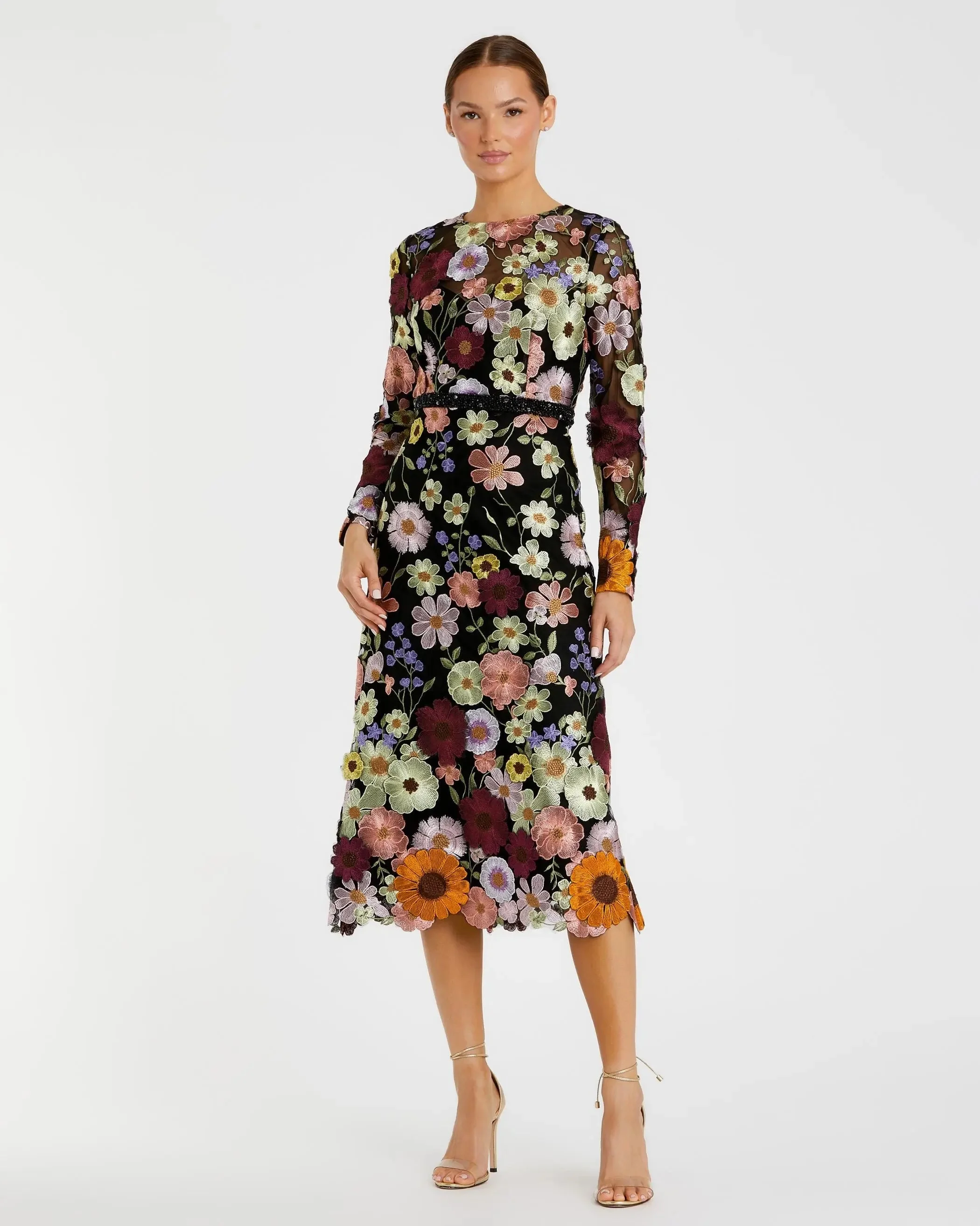 Multicolor Floral Embroidered A-Line Midi Dress - 1
