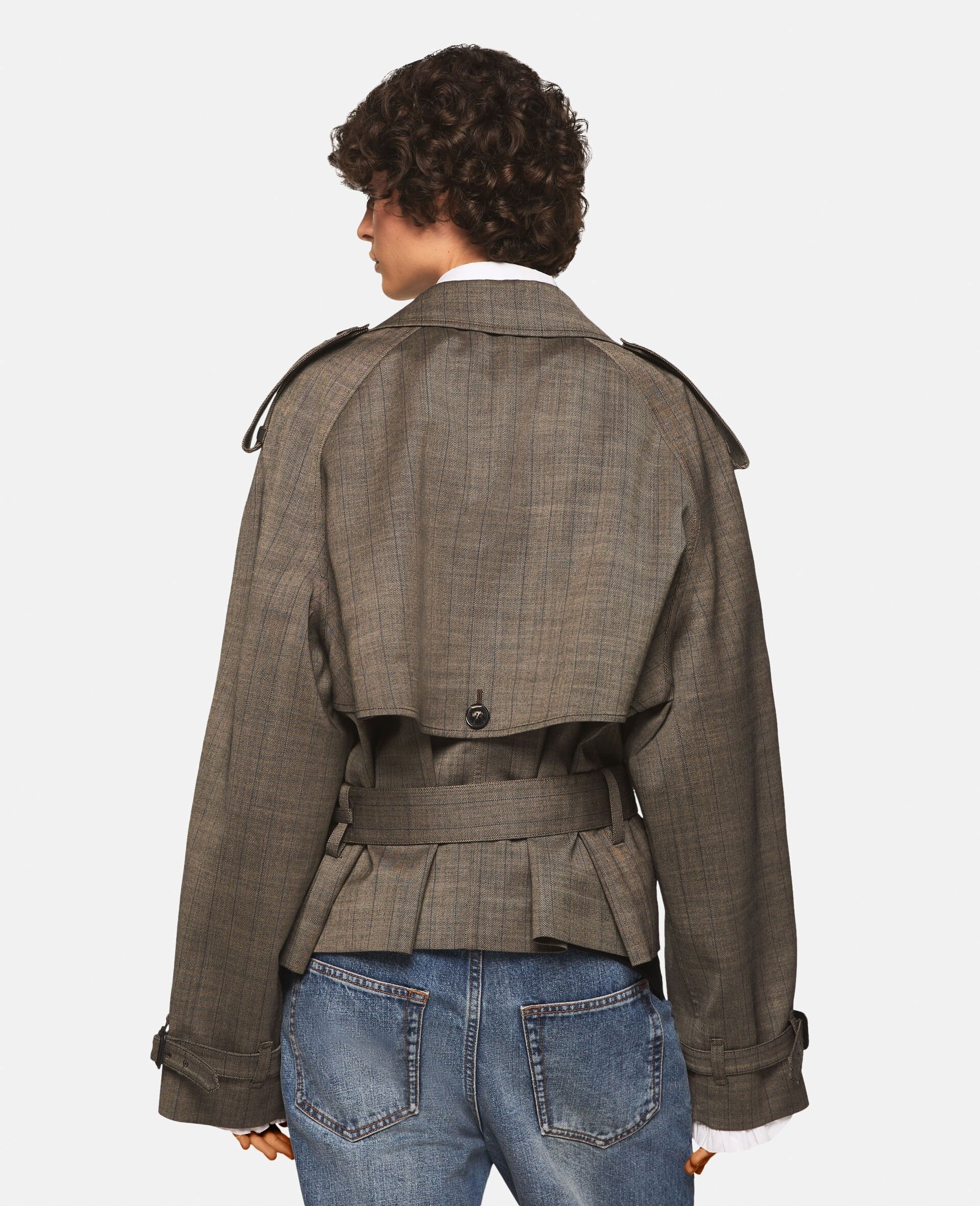 Cropped Checked Wool Trench Jacket - 3