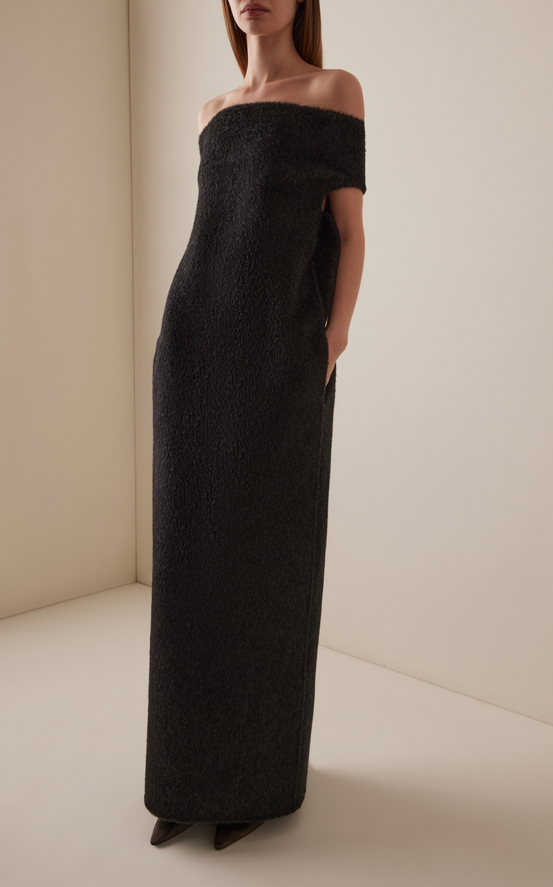 The Row Claudine Off-The-Shoulder Knit-Cashmere Maxi Dress grey outlook