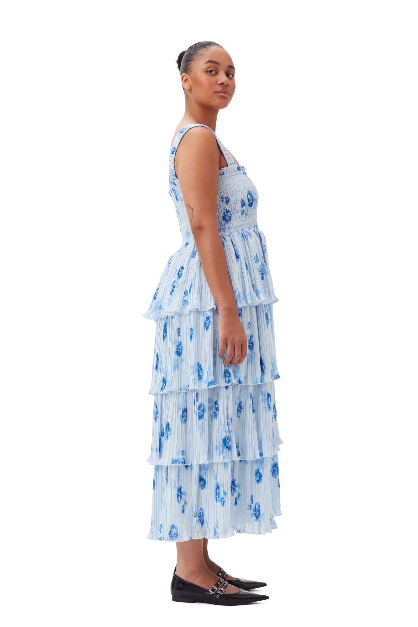 BLUE PLEATED GEORGETTE FLOUNCE SMOCK DRESS - 8