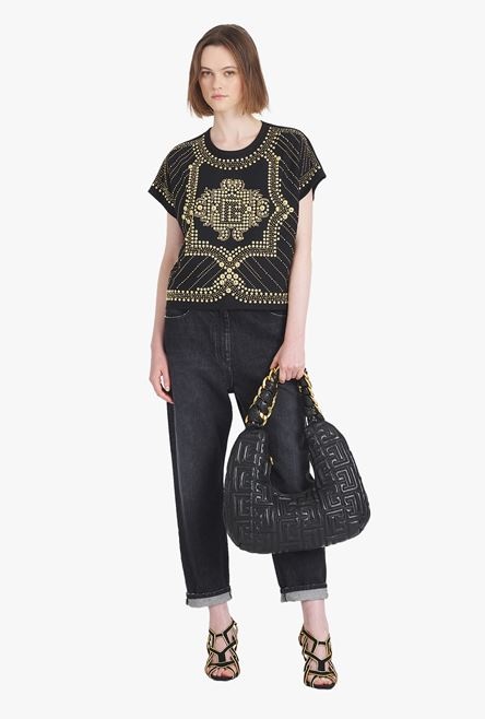 Cropped black eco-designed cotton T-shirt with embroidered gold-tone studs - 2