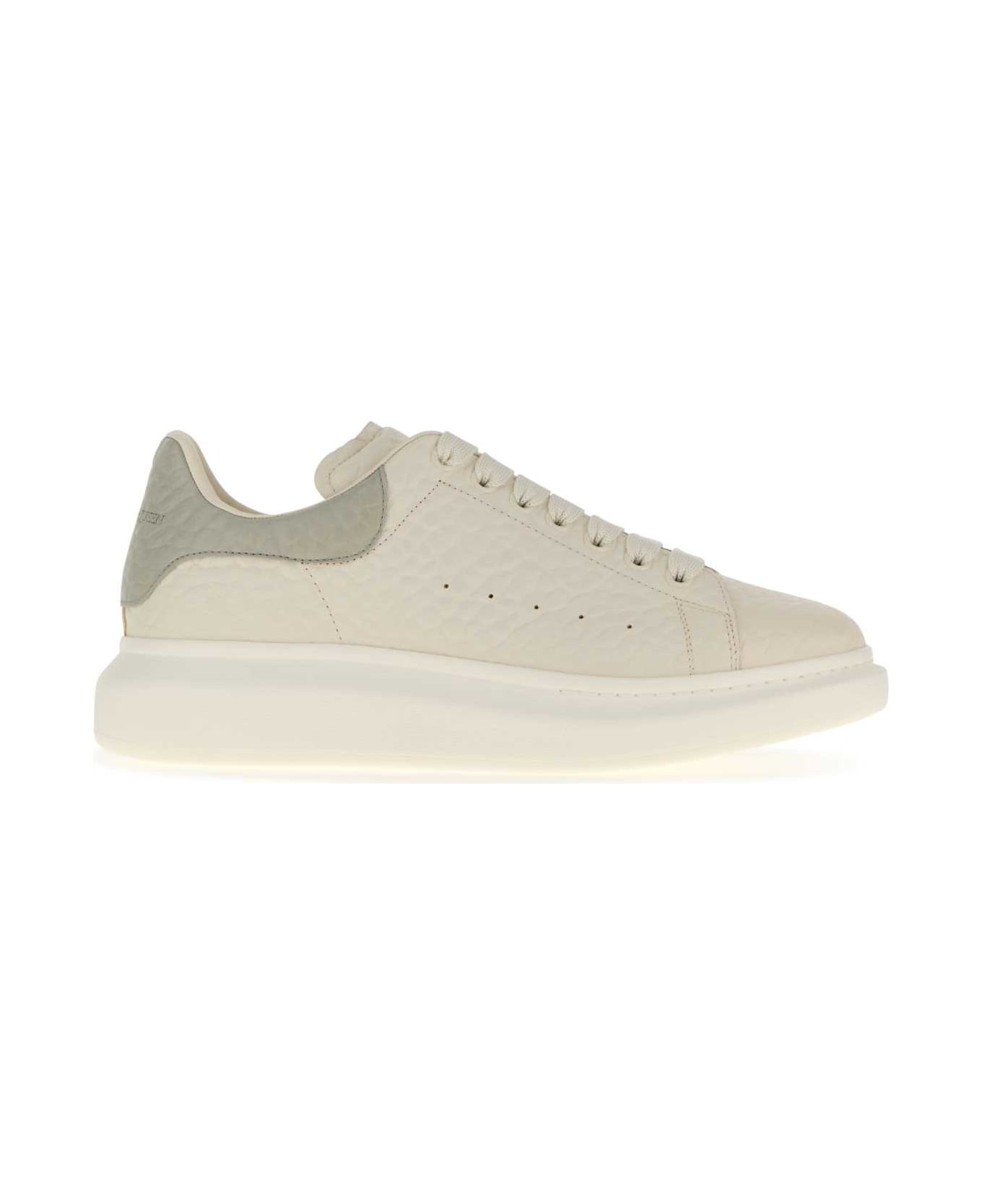 Ivory Leather Sneakers With Grey Leather Heel - 1