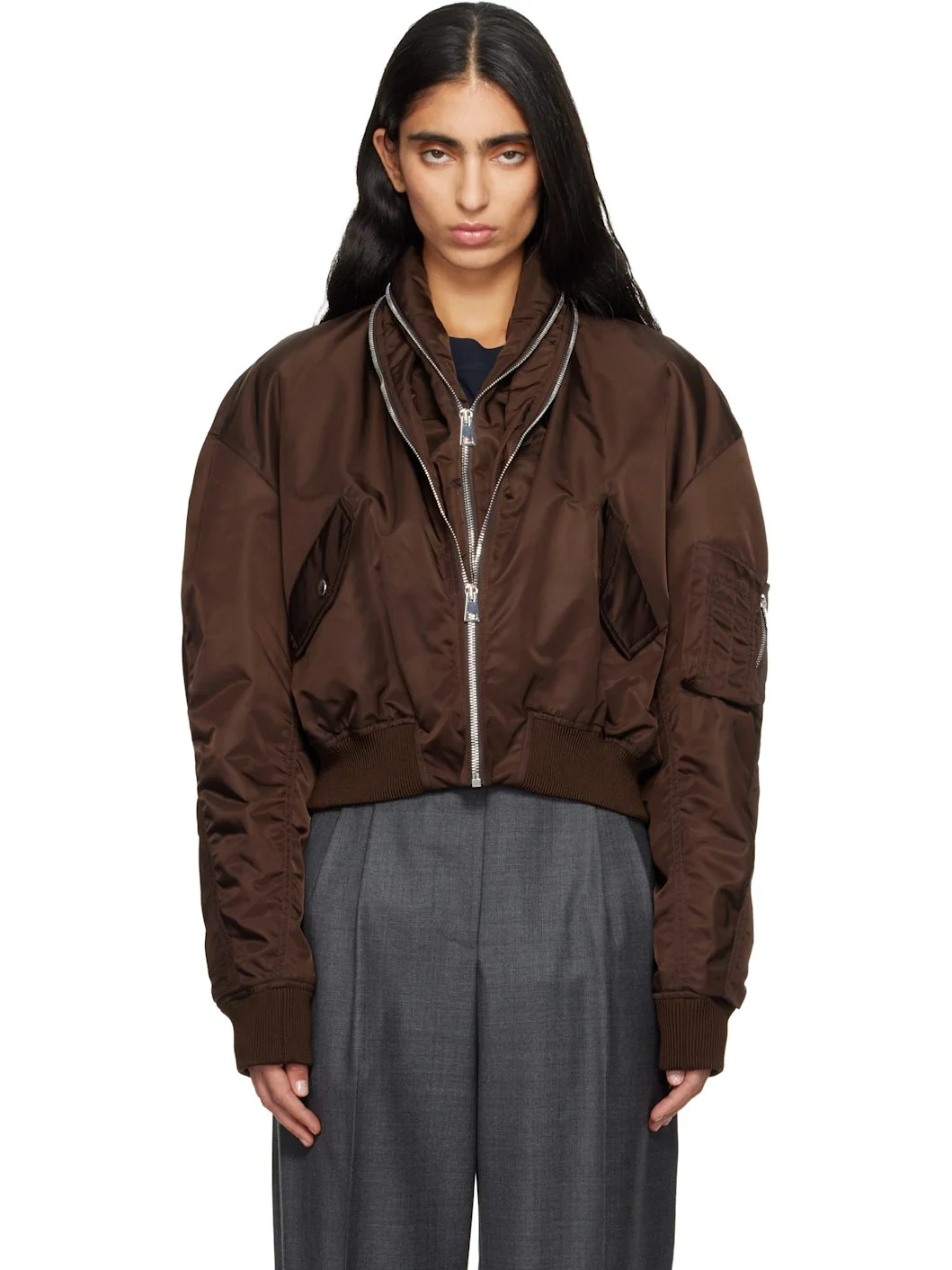 Brown Zipped Shawl Collar Bomber Jacket - 1