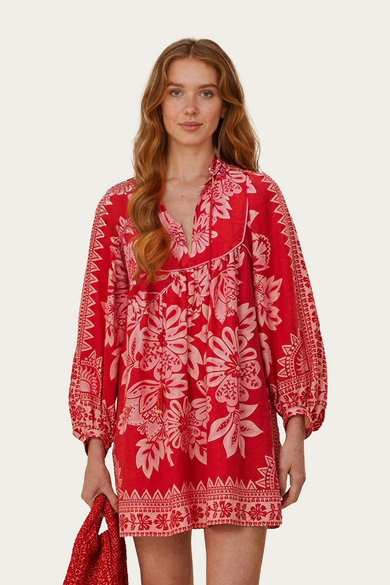Flora Tapestry Red Long Sleeve Mini Dress 1
