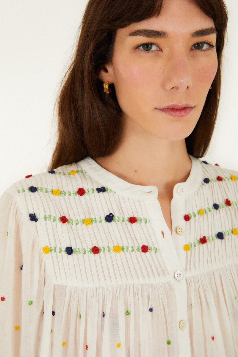FARM RIO Off-White Embroidered Beads Organic Cotton Long Sleeve Blouse outlook