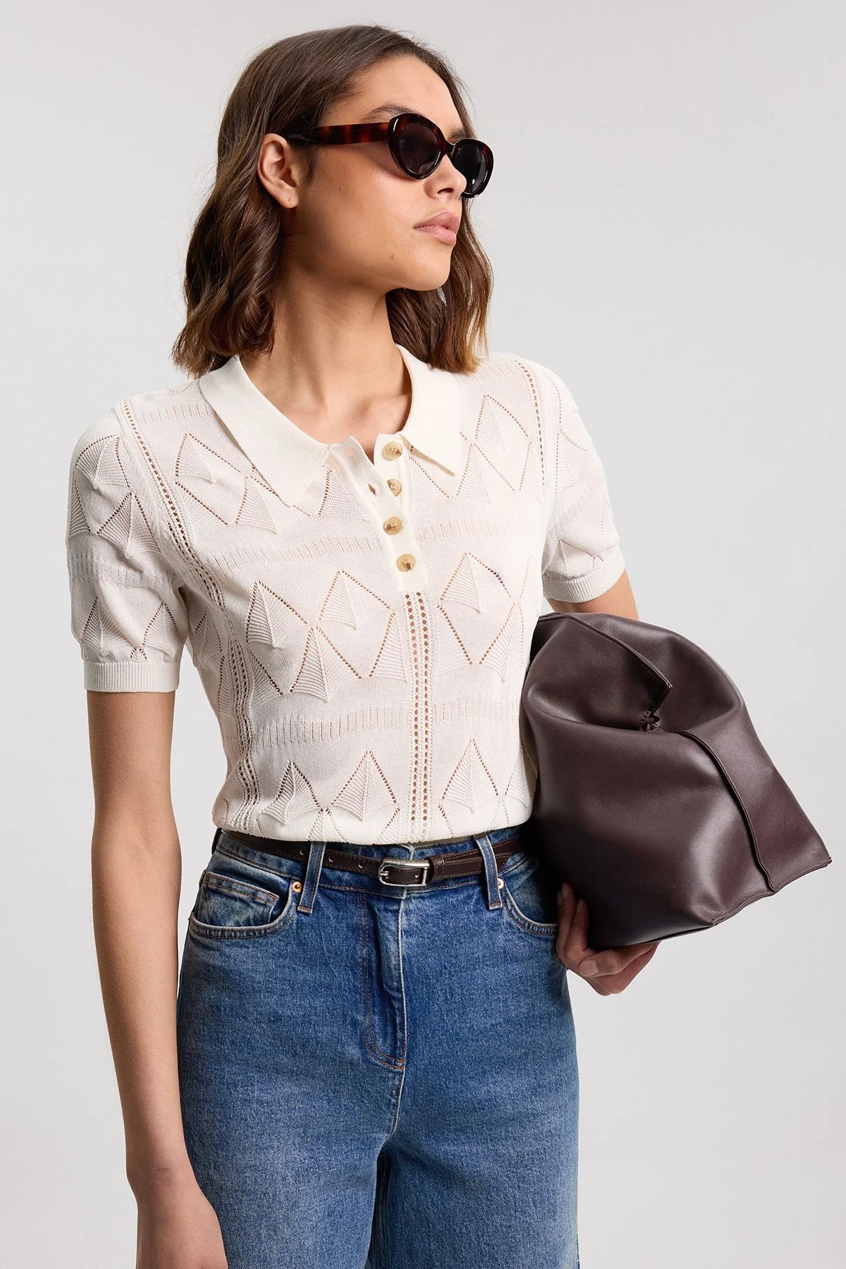 Knitted Argyle Collar Top - 1