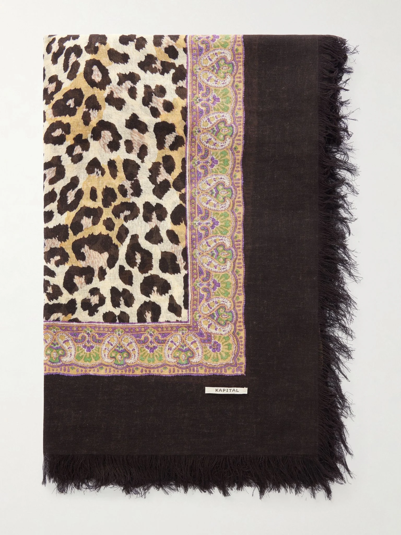 Fringed Printed Gauze Scarf Brown - 1