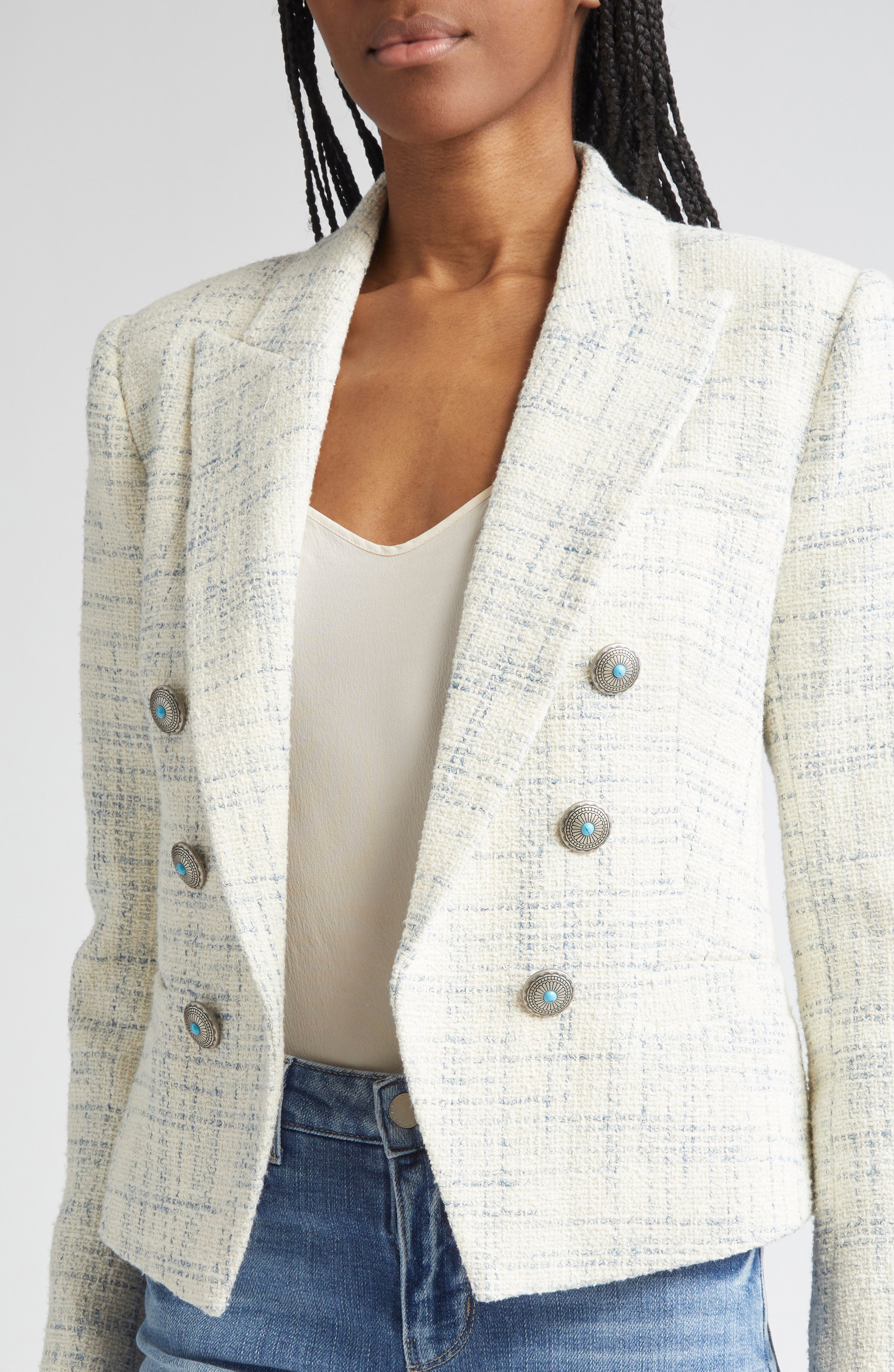 L'AGENCE Brooke Double Breasted Tweed Blazer in Vintage White/Blue Check at Nordstrom - 5