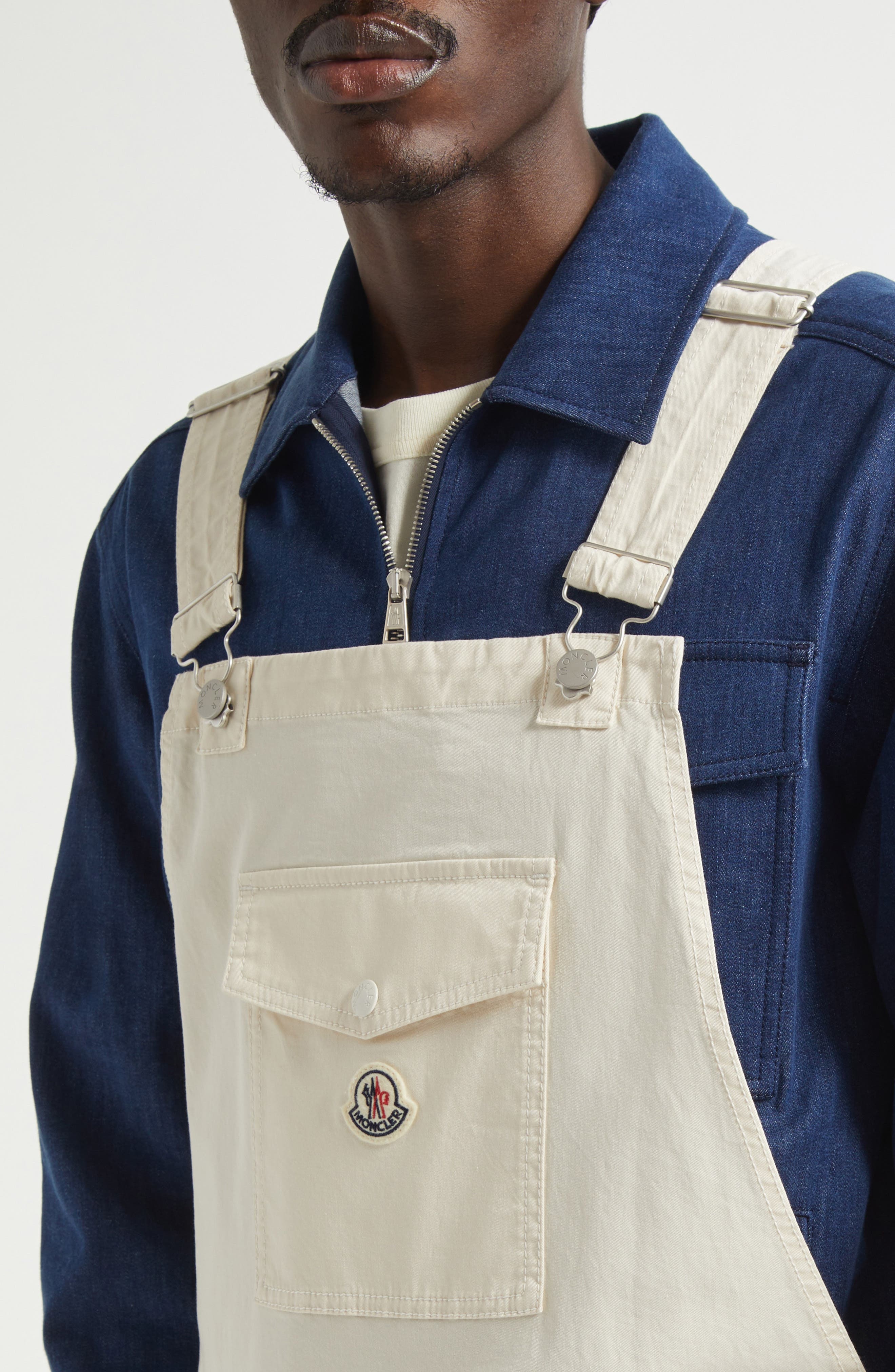 Moncler Stretch Denim Carpenter Overalls in Baby Powder at Nordstrom - 4