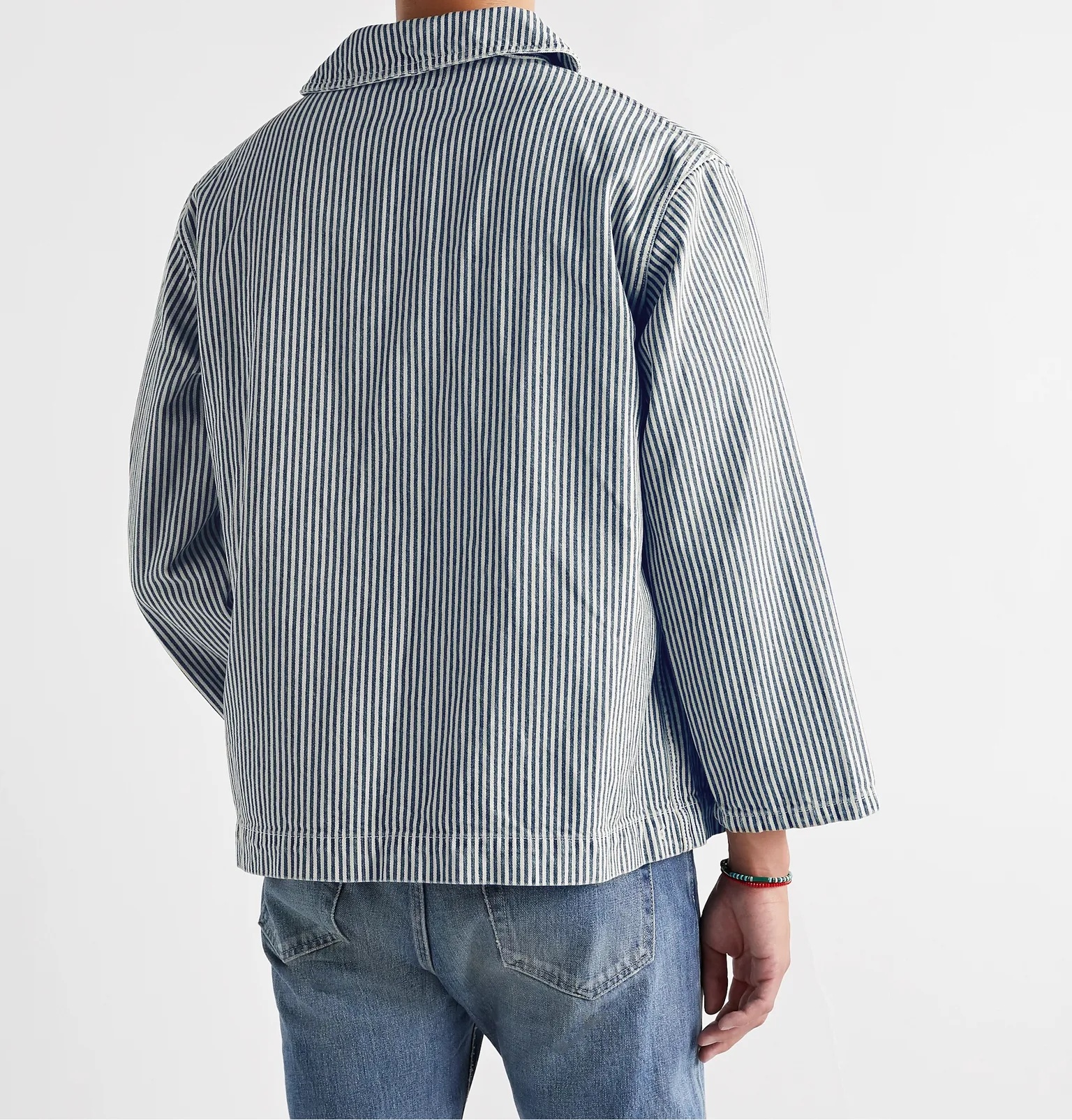 Shawl-Collar Striped Denim Jacket - 4