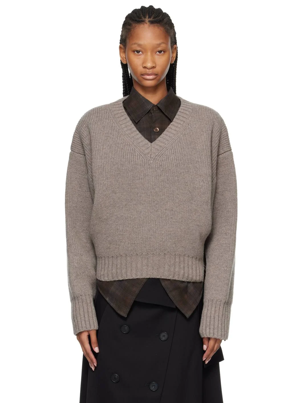 Taupe Sculptural Compact V-neck Sweater - 1
