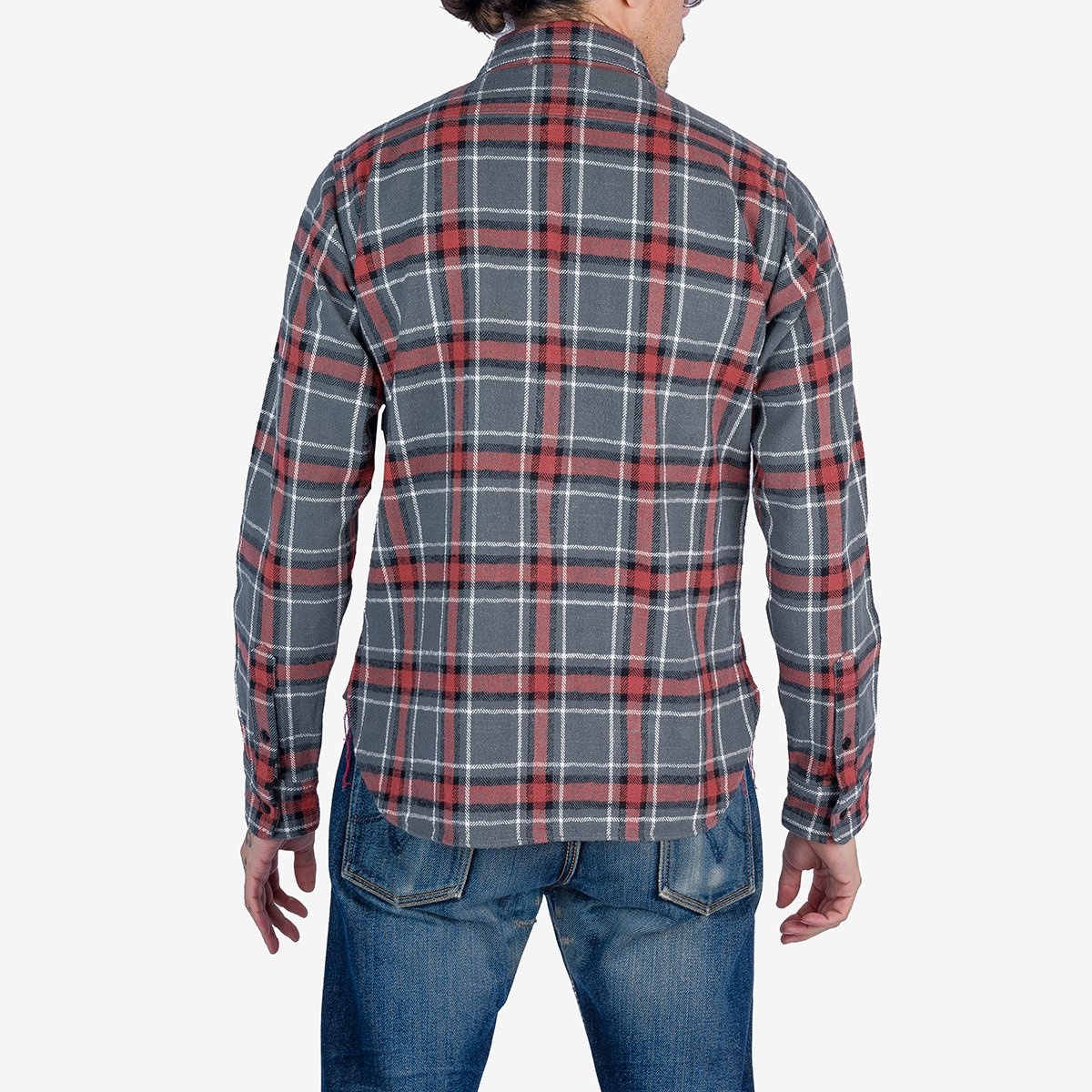 IHSH-375-GRY 12oz Slubby Heavy Flannel Herringbone Check Work Shirt - Grey - 4