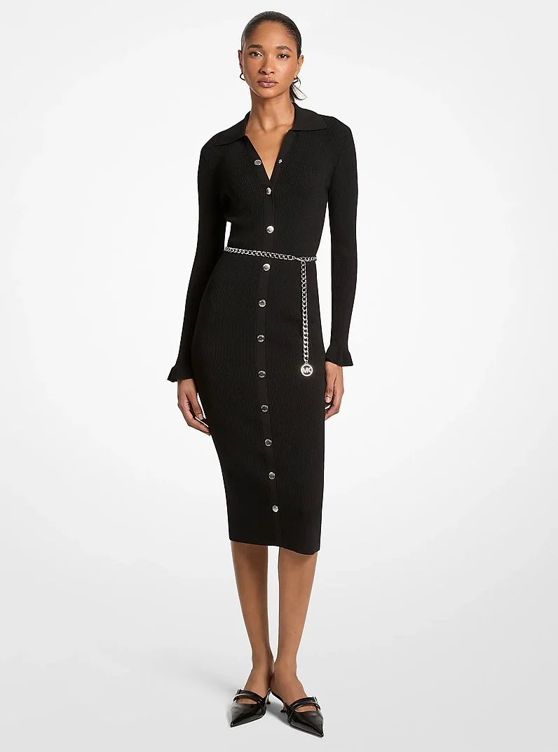 Stretch Knit Belted Midi Dress - 1