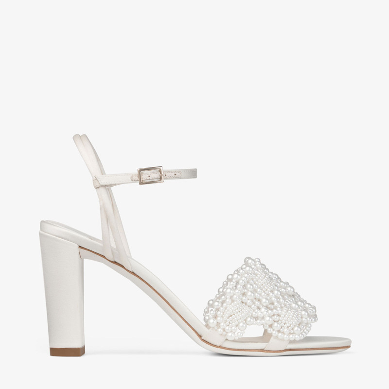 Cary 85 Ivory Satin Block Heel Sandal with Pearl Embellishments 1