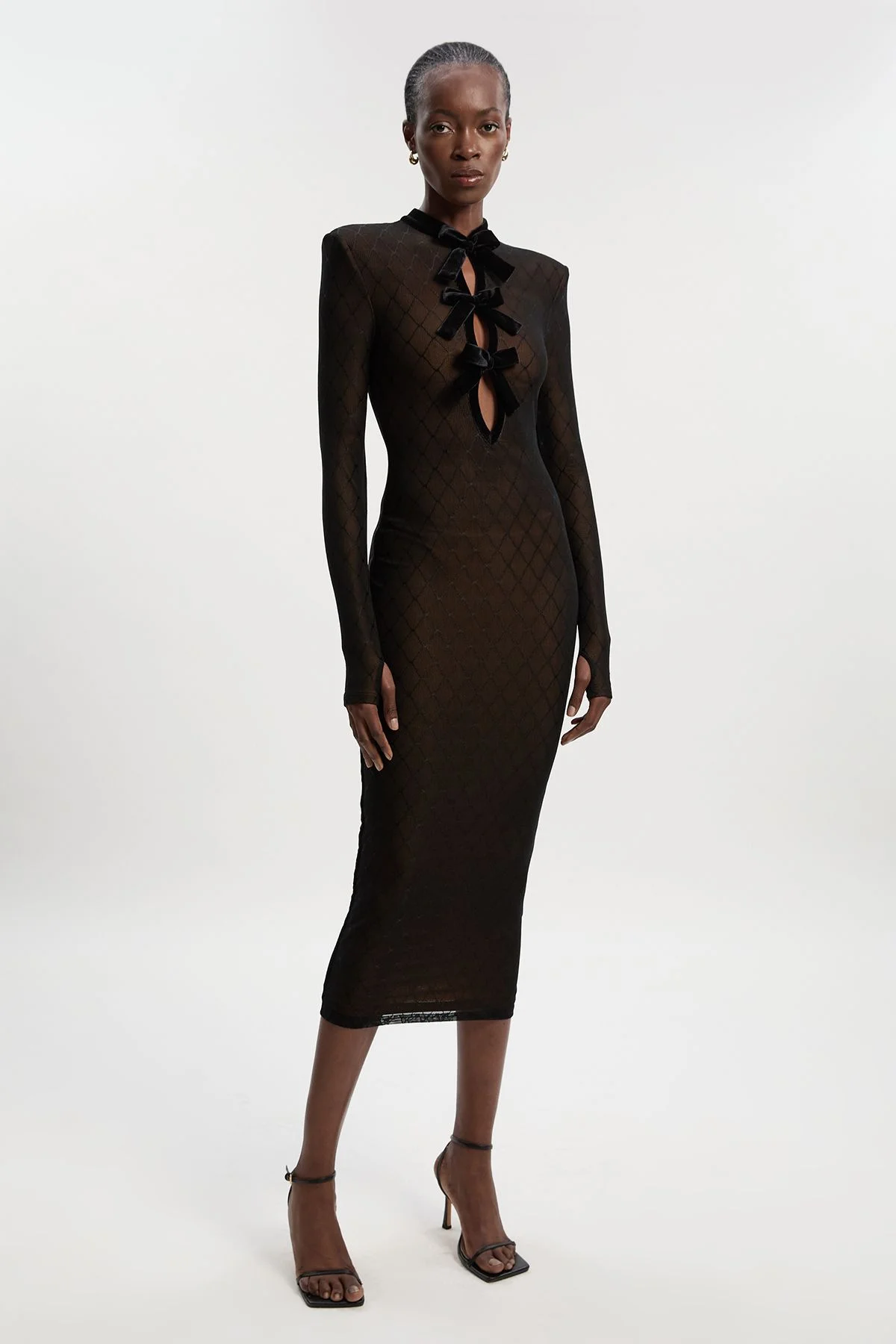Mesh With Velvet Bow Trim Detail Long Sleeve Midi Dress - 1