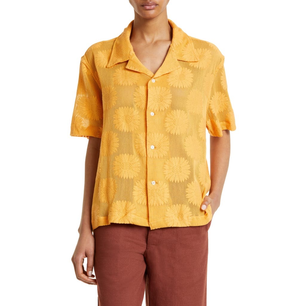 Bode Sunflower Lace Short Sleeve Button-Up Shirt in Golden at Nordstrom - 1