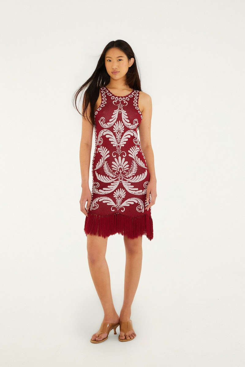 Burgundy Garden Tapestry Fringe Knit Dress 1