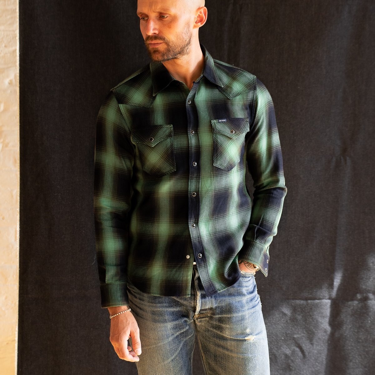 IHSH-348-GRN 9oz Selvedge Ombré Check Western Shirt - Green - 3