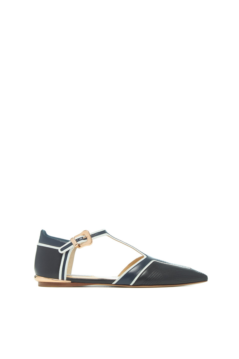 Leya Moto T-Strap Flat Shoe in Navy Multi Leather 1