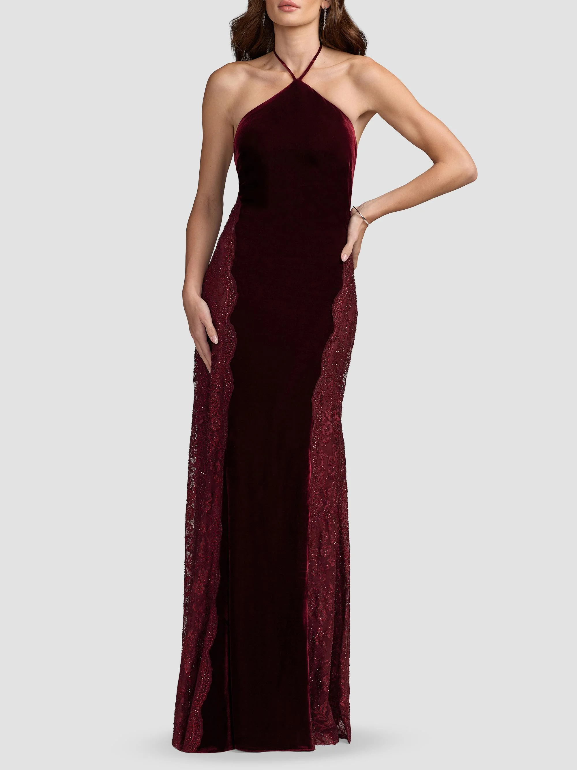 Women's Velvet Lace-Accented Halterneck Column Gown - Burgundy - 1