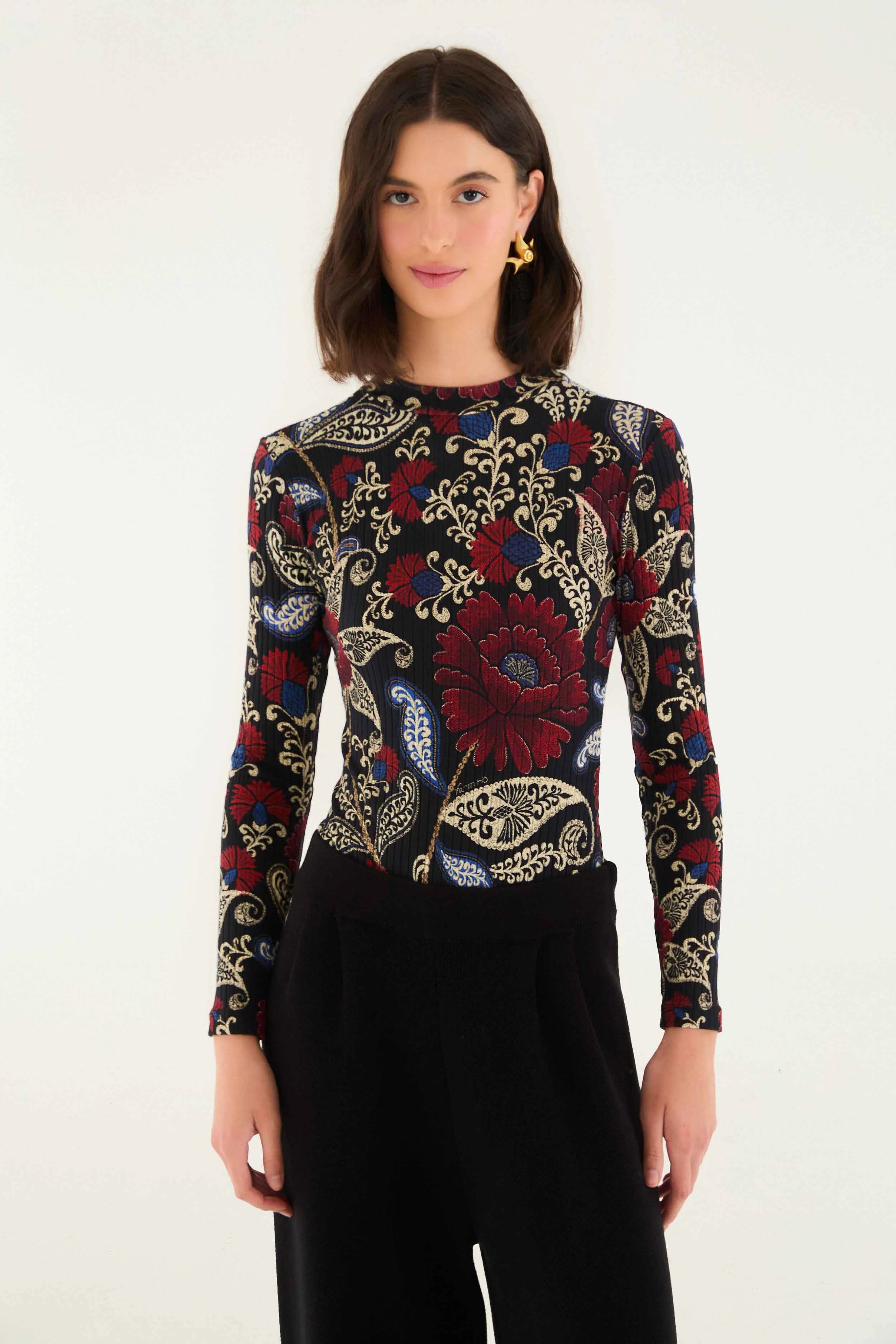 Black Valentina High Neck Long Sleeve Jersey Bodysuit - 1