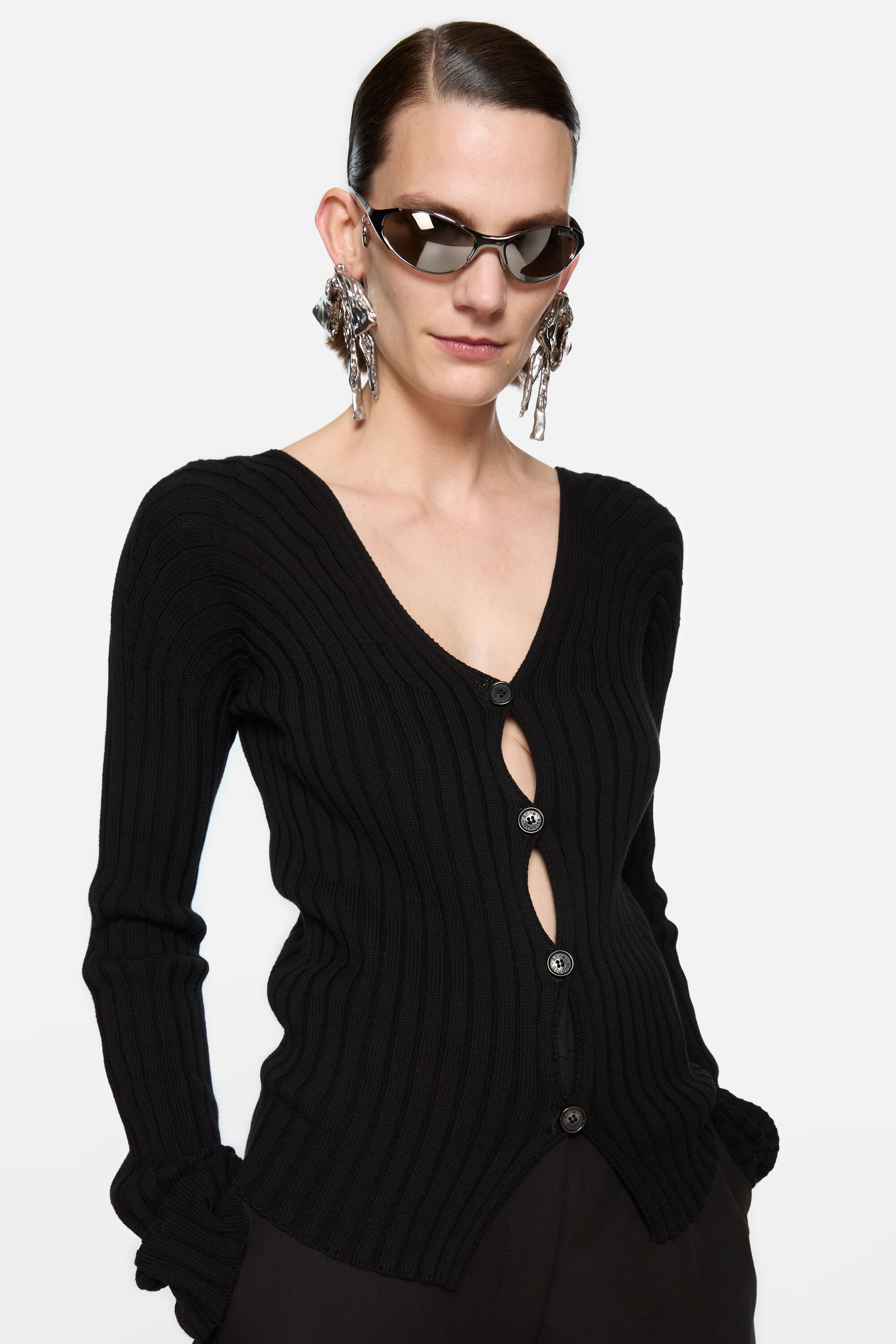 Button-up rib cardigan - Black - 4