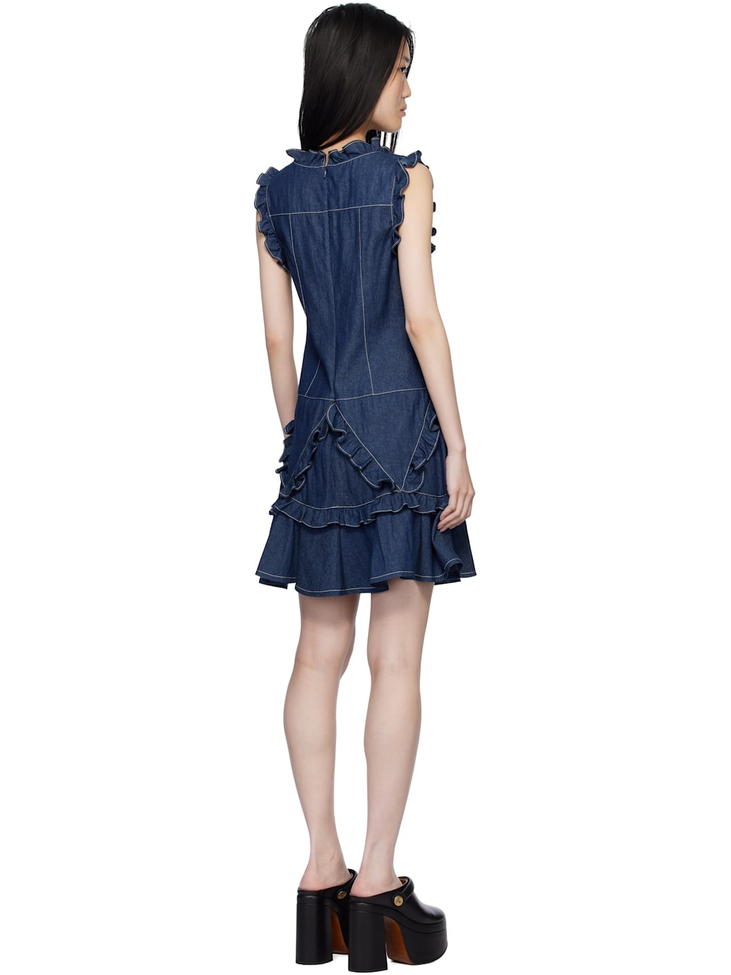 Navy Ruffle Denim Midi Dress - 3