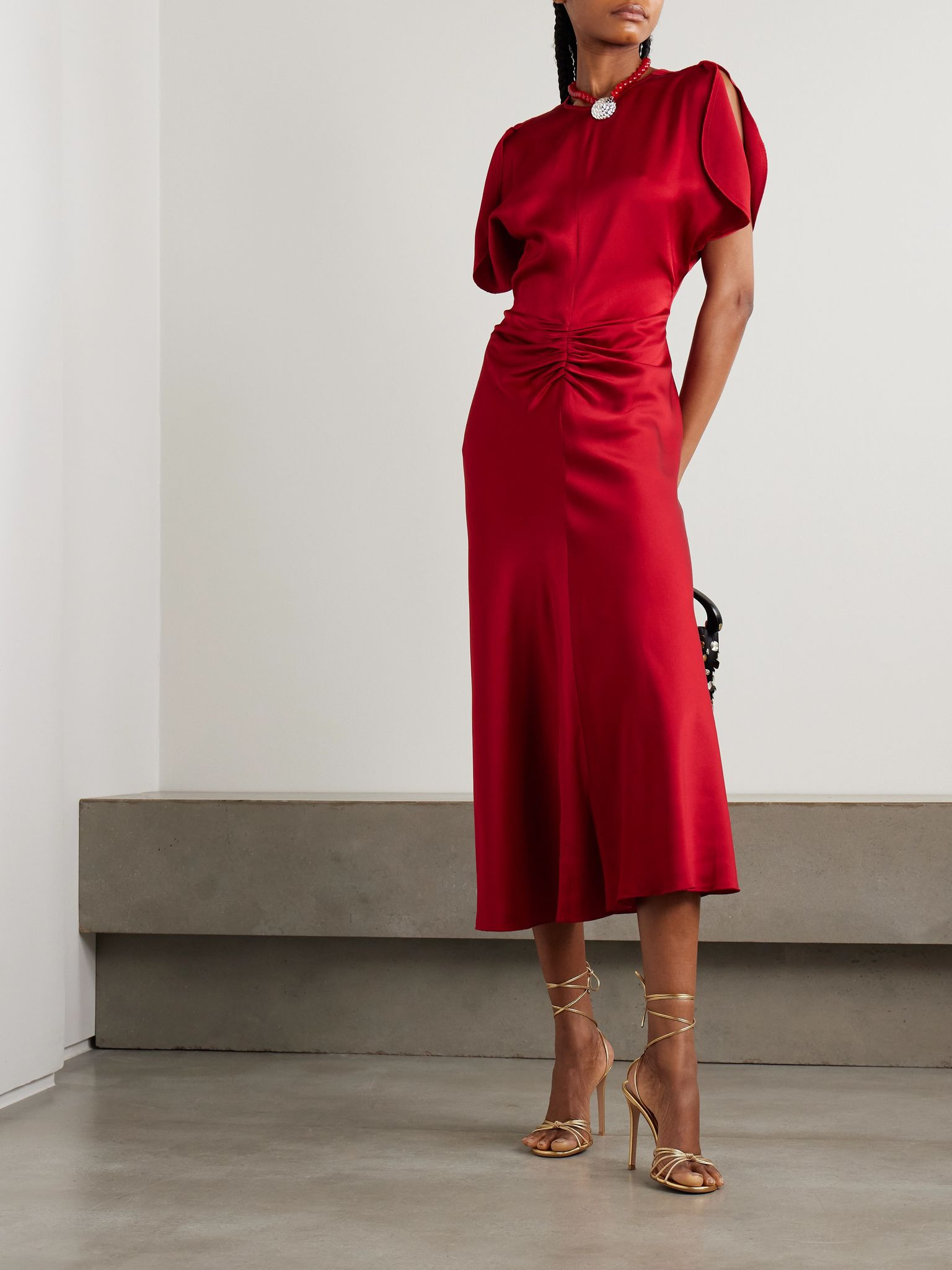 Gathered satin midi dress Red - 2