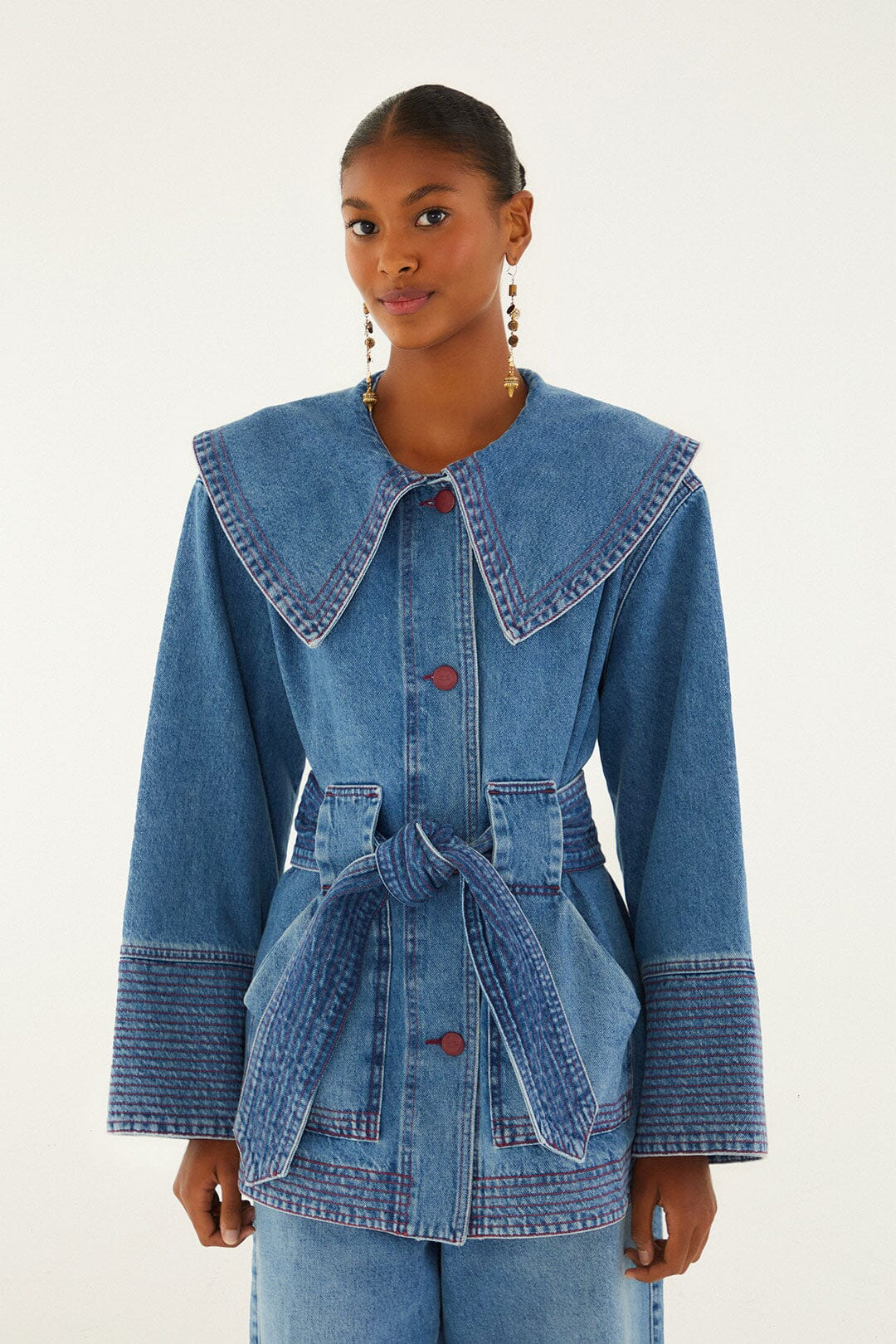 Denim Collared Belted Trench Coat - 1