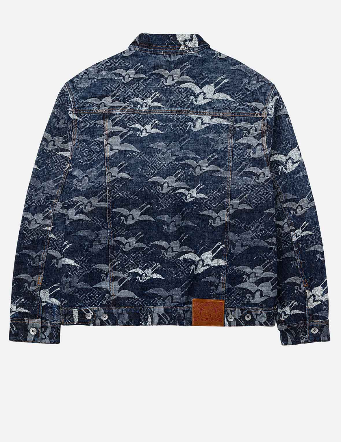 Allover Seagull Cranes Jacquard Loose Fit Denim Jacket - 4