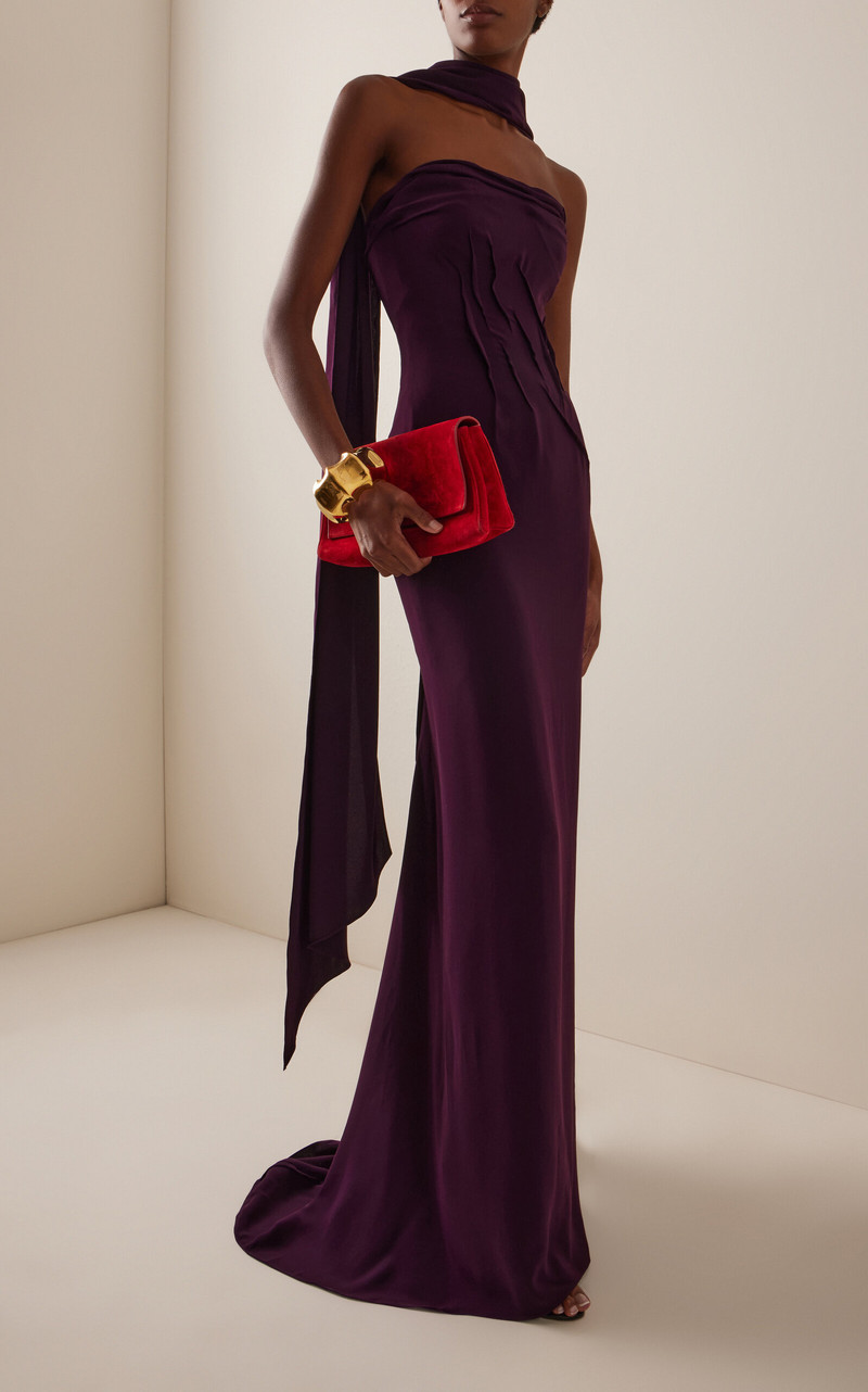 MARMAR HALIM Hand-Sculpted Crepe Cape Gown purple outlook